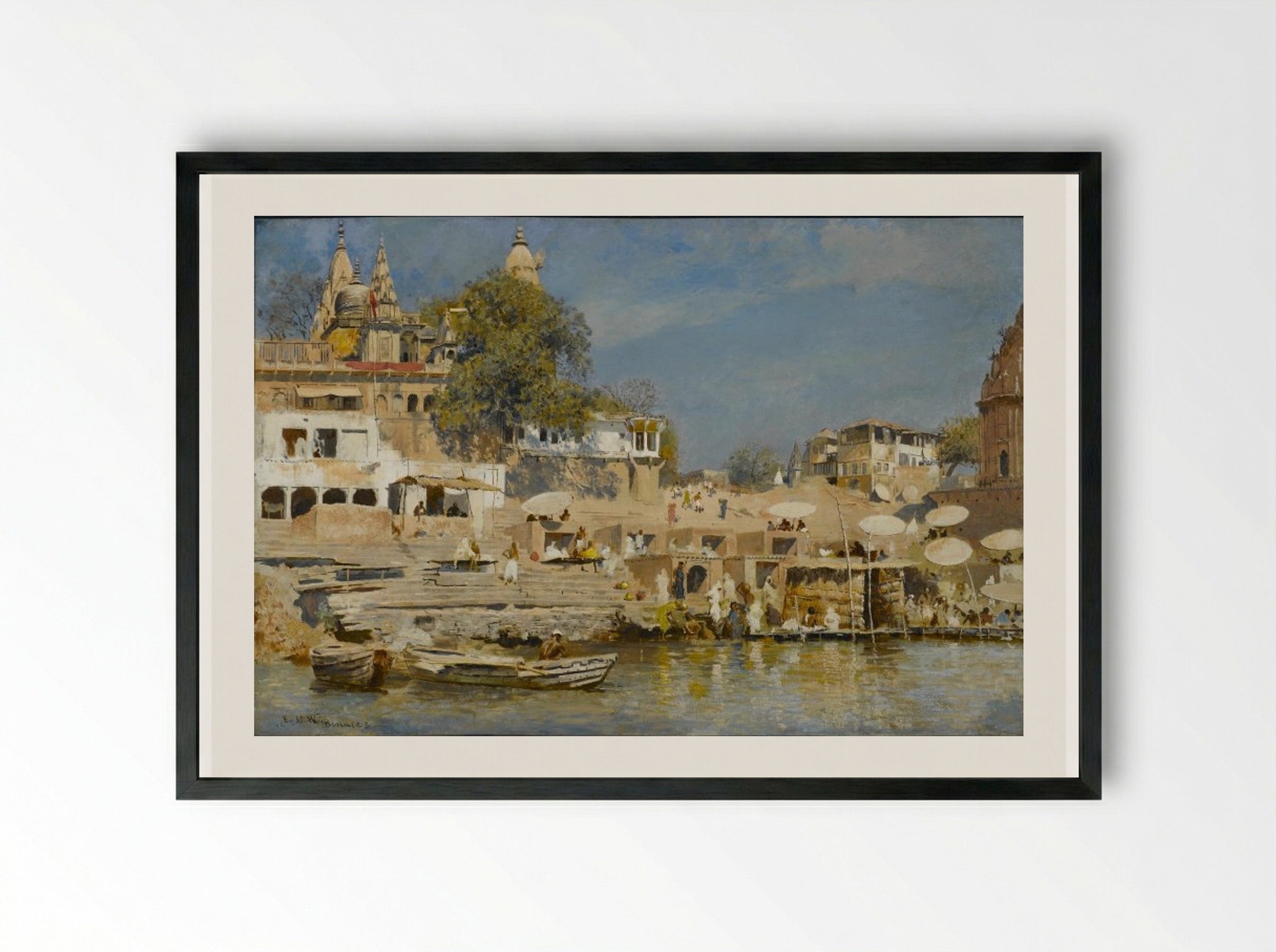 Temples and bathing ghat at Benares - Edwin Lord Weeks - Framed Print Black