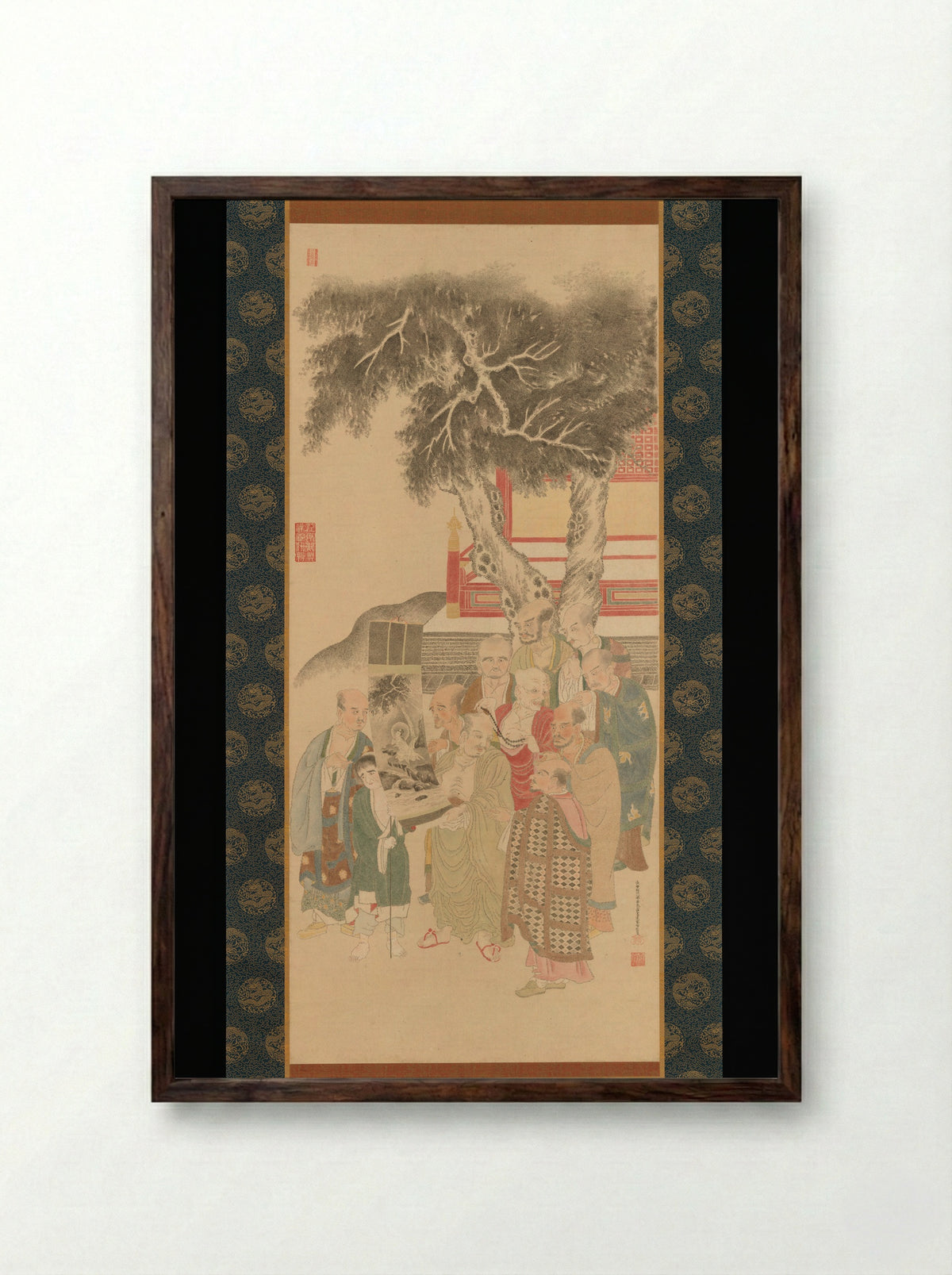 Ten Rakan Examining a Painting of White-Robed Kannon - Katō Nobukiyo - Framed Print Dark Wood