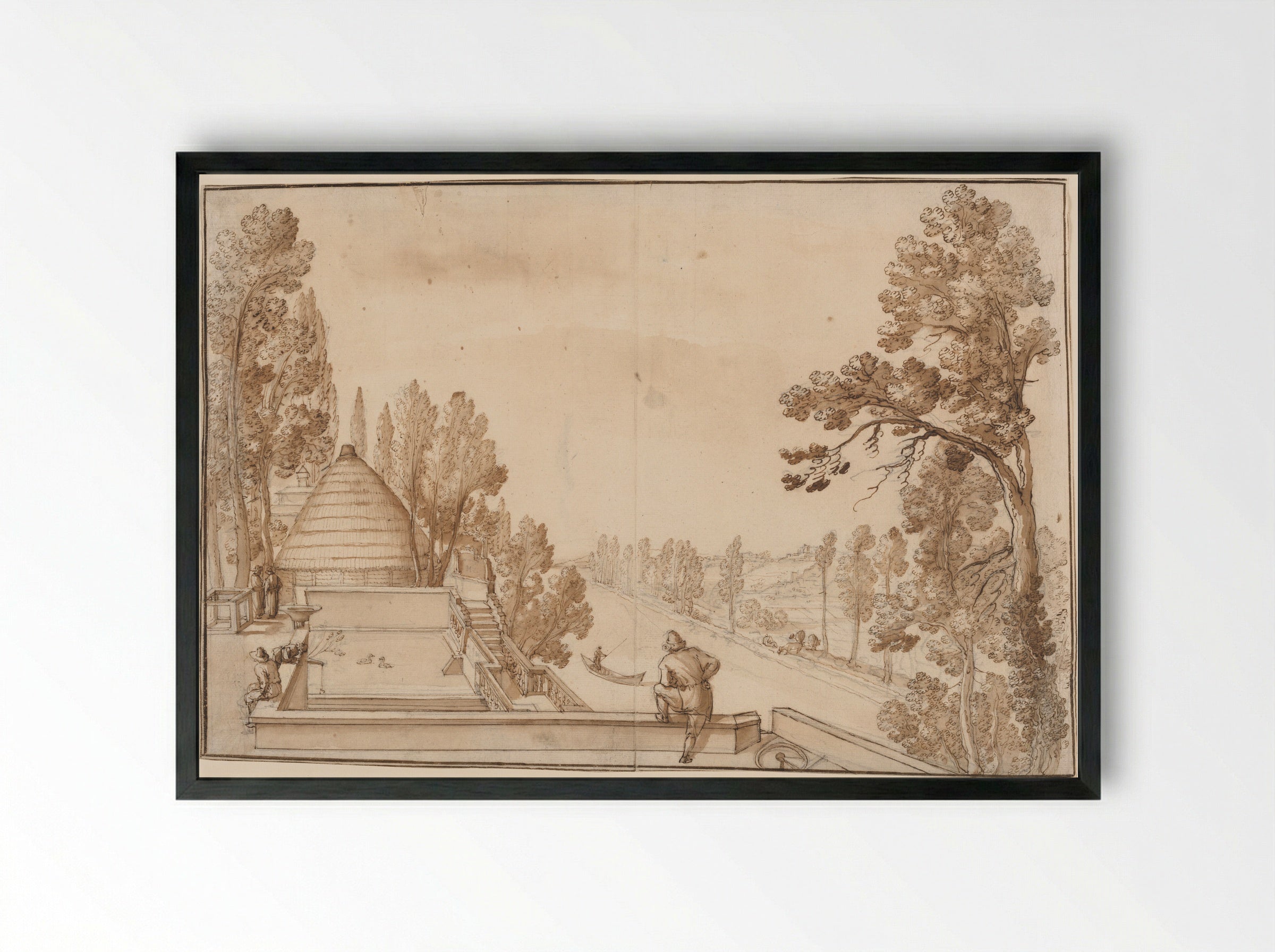 Terrace Overlooking a Canal - Remigio Cantagallina - Framed Print Black