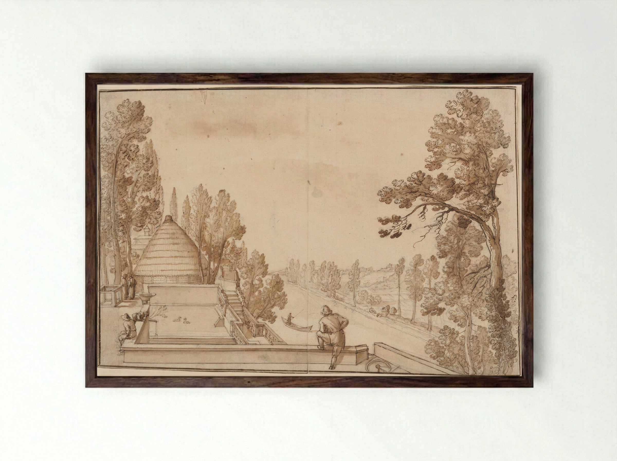 Terrace Overlooking a Canal - Remigio Cantagallina - Framed Print Dark Wood