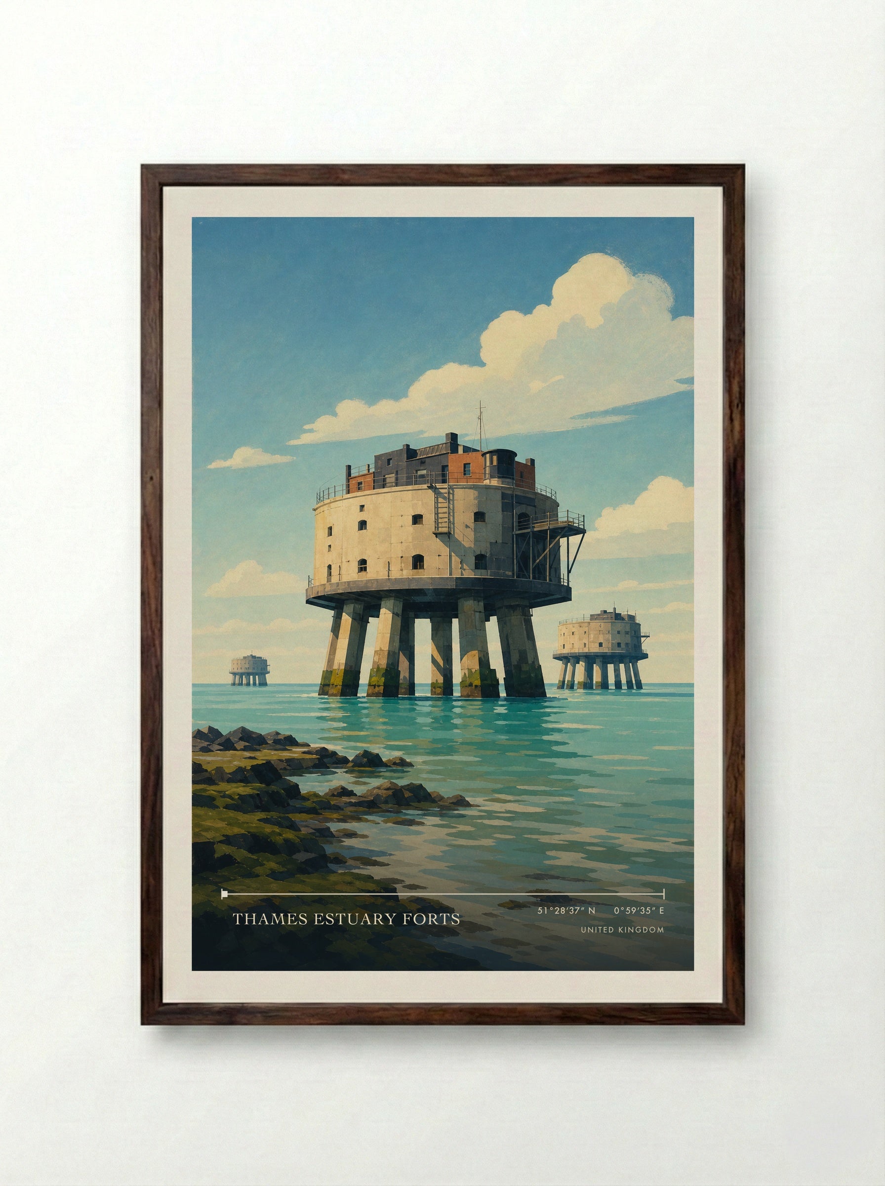 Thames Estuary Forts United Kingdom Travel Poster - Framed Print Dark Wood