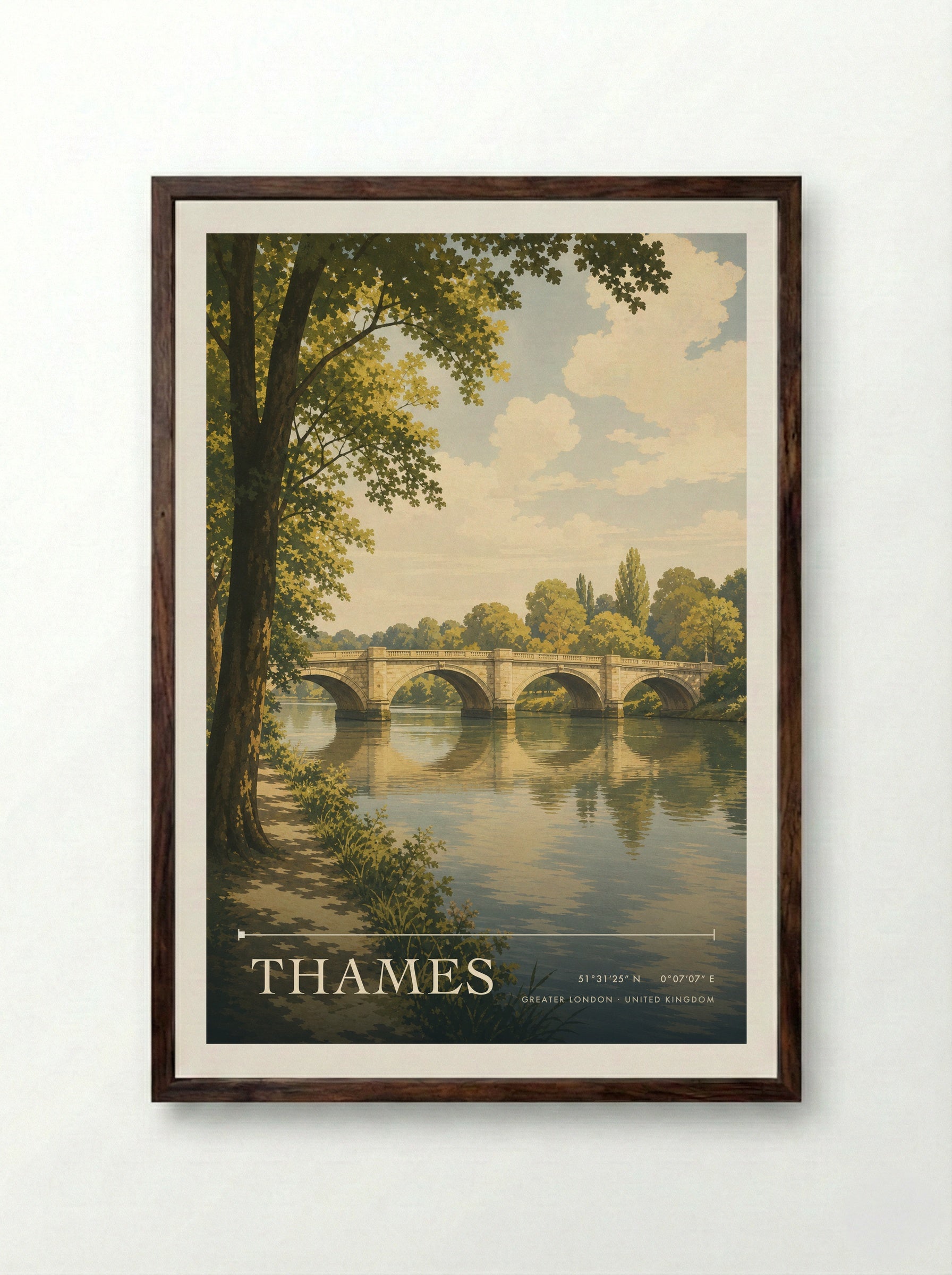 Thames Greater London United Kingdom Travel Poster - Framed Print Dark Wood