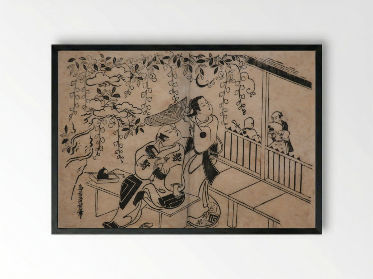 The Actor Ichikawa Danjuro II as Soga no Goro and Nakamura Takesaburo I as Kewaizaka no Shosho in the play Bando Ichi Kotobuki Soga - Torii Kiyonobu I - Framed Print Black