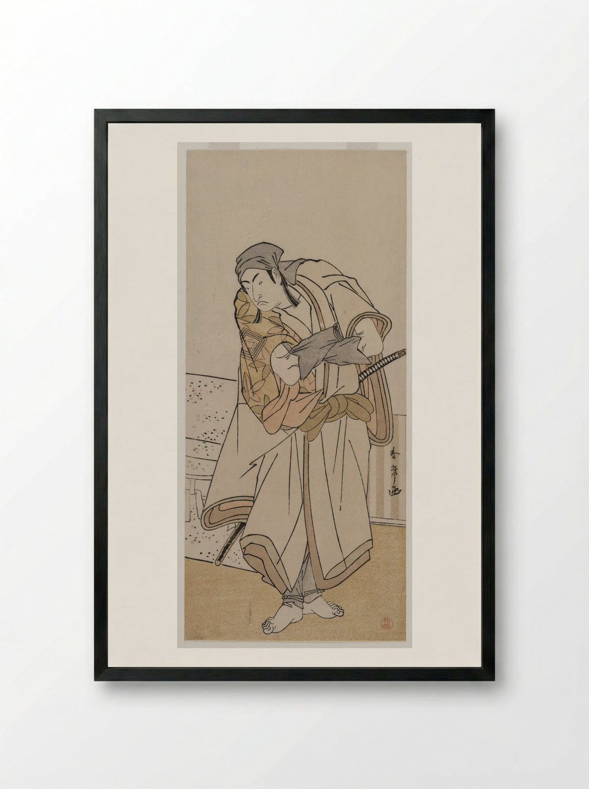 The Actor Ichikawa Monnosuke III as the Sumo Wrestler Shirafuji Genta in the Play Edo no Hana Mimasu Soga - Katsukawa Shunjō - Framed Print Black