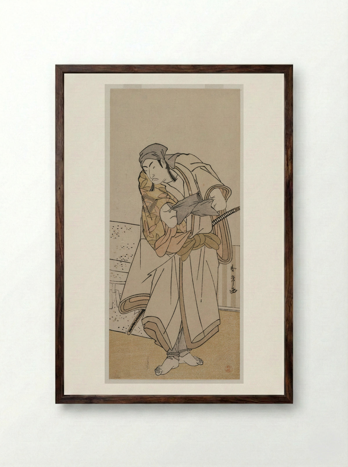 The Actor Ichikawa Monnosuke III as the Sumo Wrestler Shirafuji Genta in the Play Edo no Hana Mimasu Soga - Katsukawa Shunjō - Framed Print Dark Wood