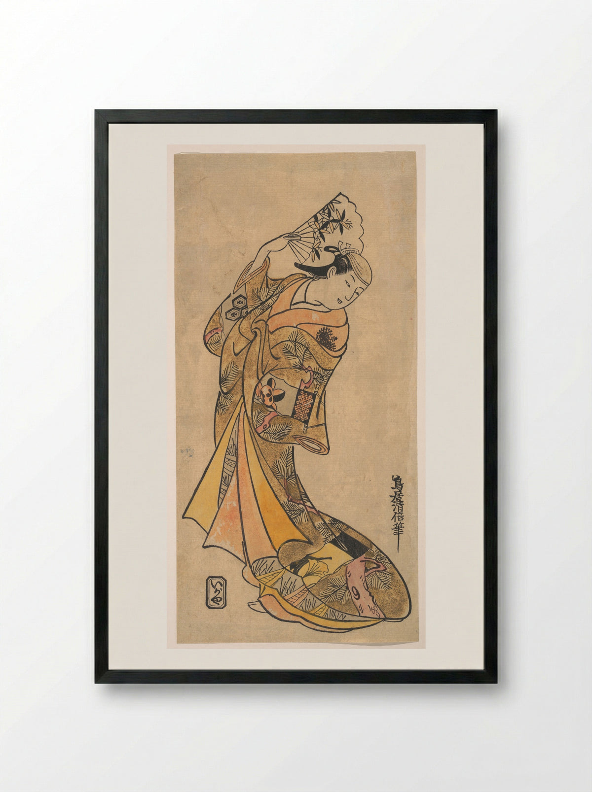 The Actor, Nakamura Shichisaburo II, as a Woman with Fan - Torii Kiyomasu II - Framed Print Black