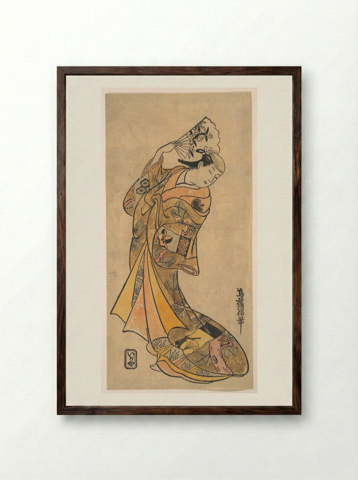 The Actor, Nakamura Shichisaburo II, as a Woman with Fan - Torii Kiyomasu II - Framed Print Dark Wood