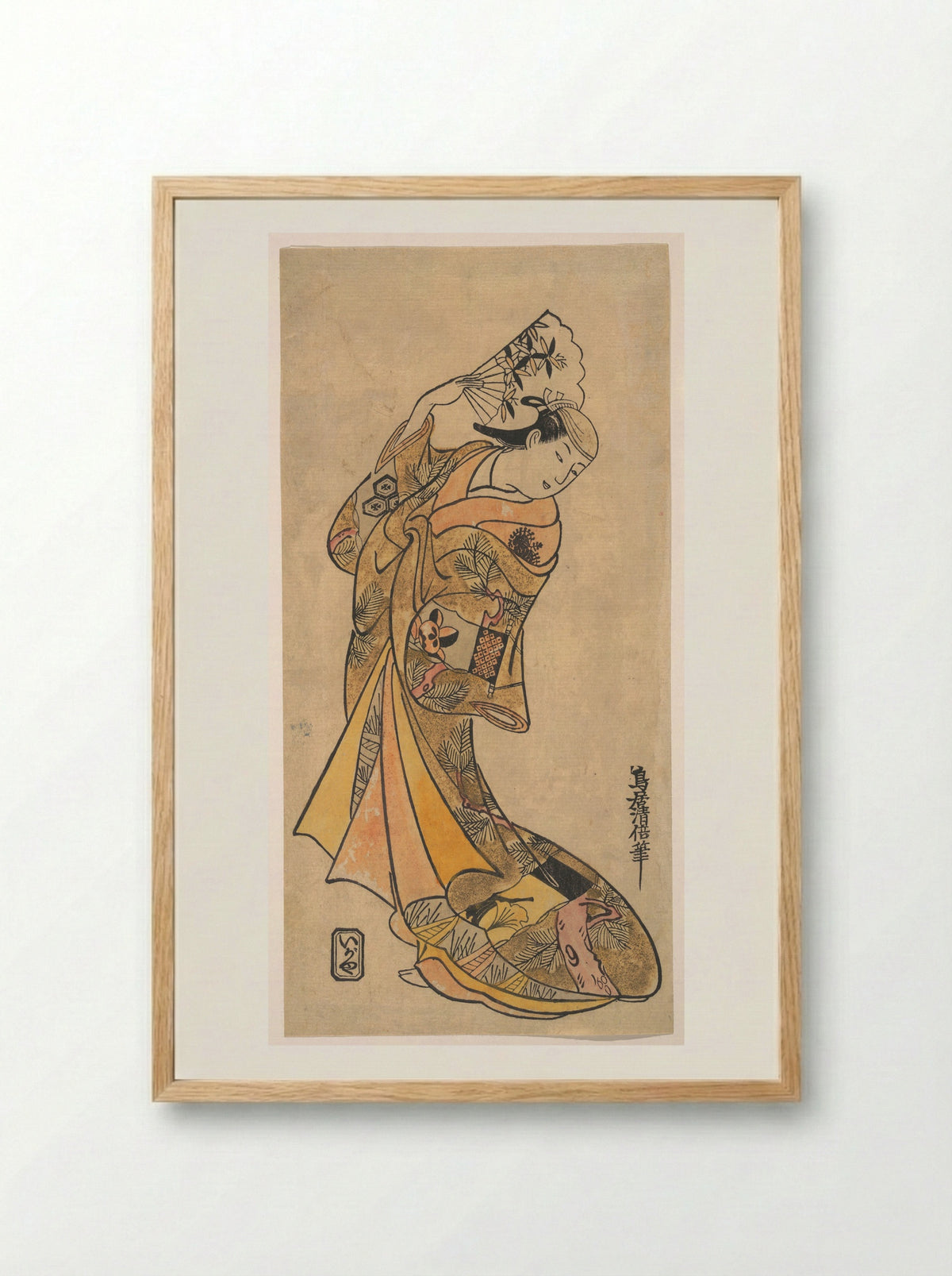 The Actor, Nakamura Shichisaburo II, as a Woman with Fan - Torii Kiyomasu II - Framed Print Wood