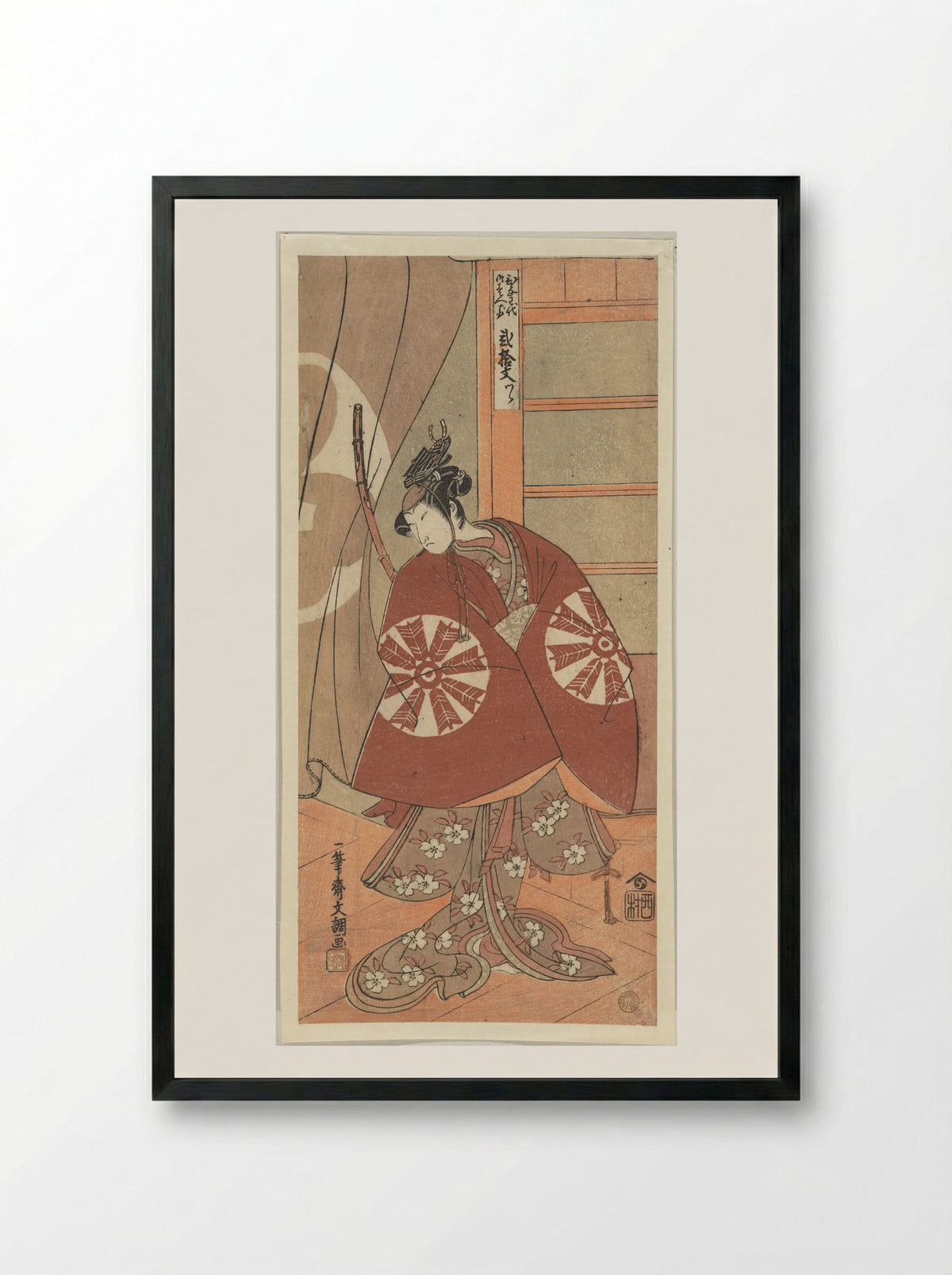 The Actor Nakamura Tomijuro as a Woman Wearing a Red Cape - Ippitsusai Bunchō - Framed Print Black