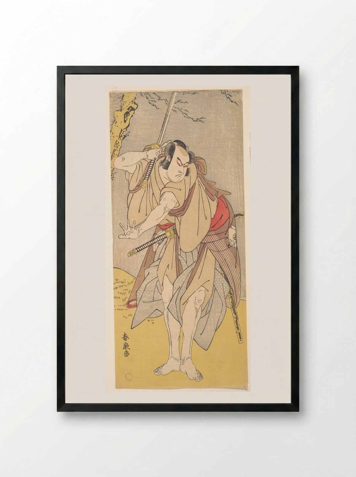 The Actor Onoe Matsusuke as a Samurai with a Drawn Sword - Katsukawa Shunsen - Framed Print Black