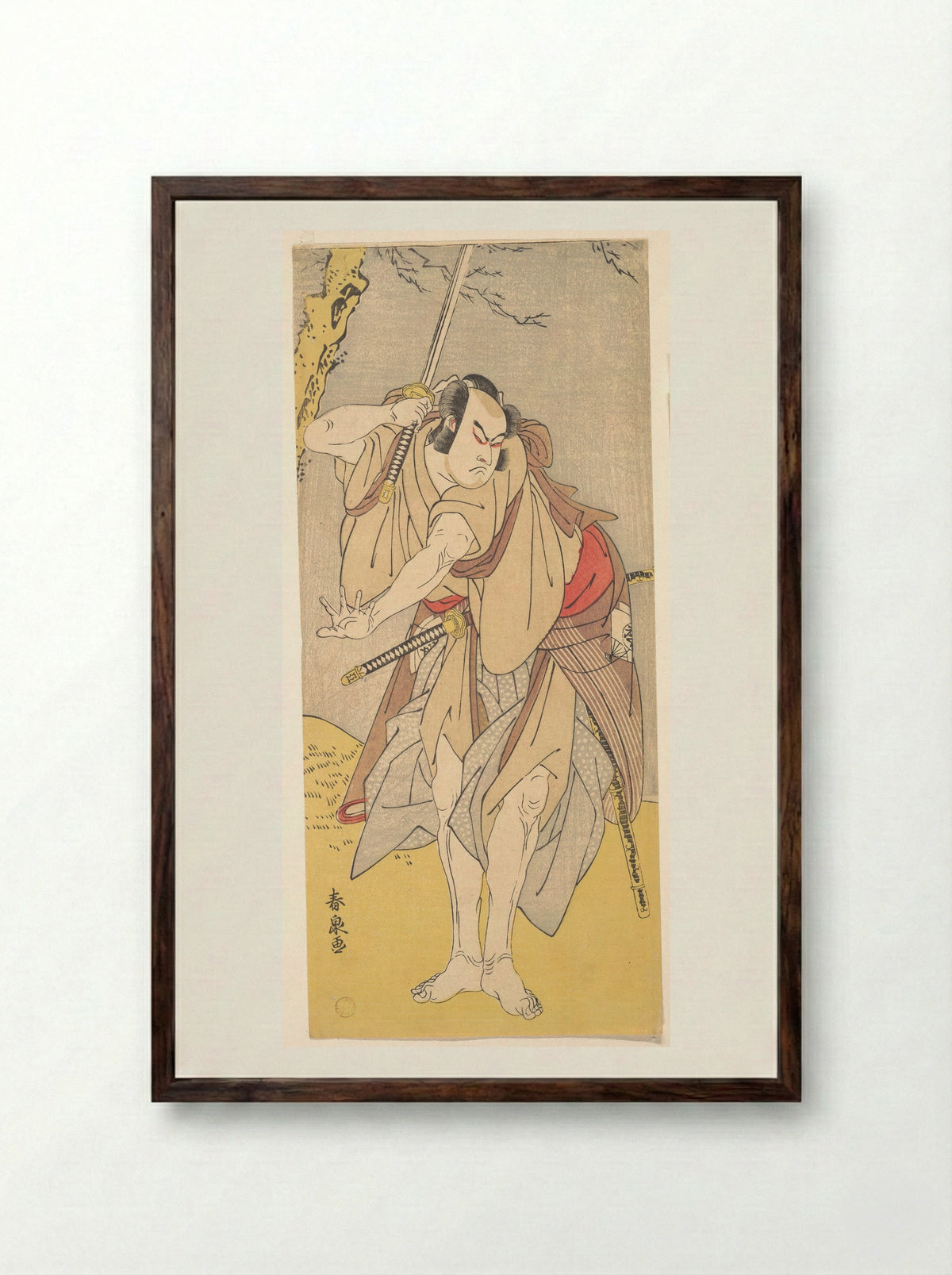 The Actor Onoe Matsusuke as a Samurai with a Drawn Sword - Katsukawa Shunsen - Framed Print Dark Wood