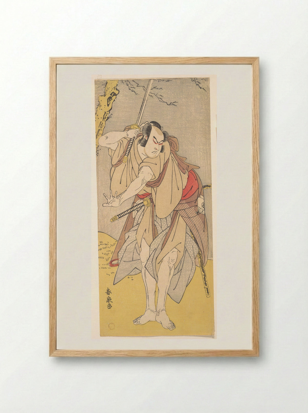 The Actor Onoe Matsusuke as a Samurai with a Drawn Sword - Katsukawa Shunsen - Framed Print Wood