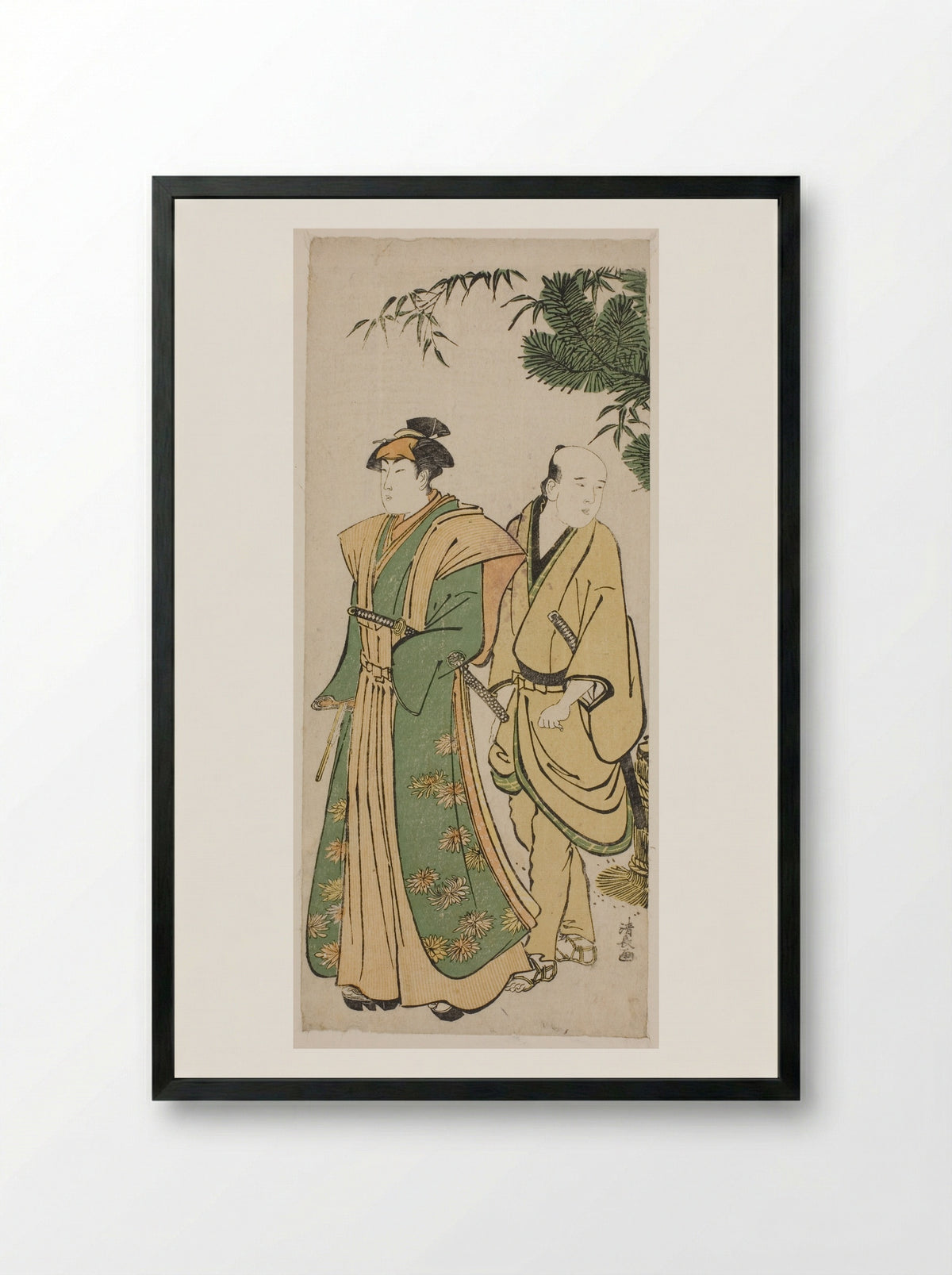 The Actor Segawa Kikunojo III and his attendant making ceremonial rounds at New Year's - Torii Kiyonaga - Framed Print Black