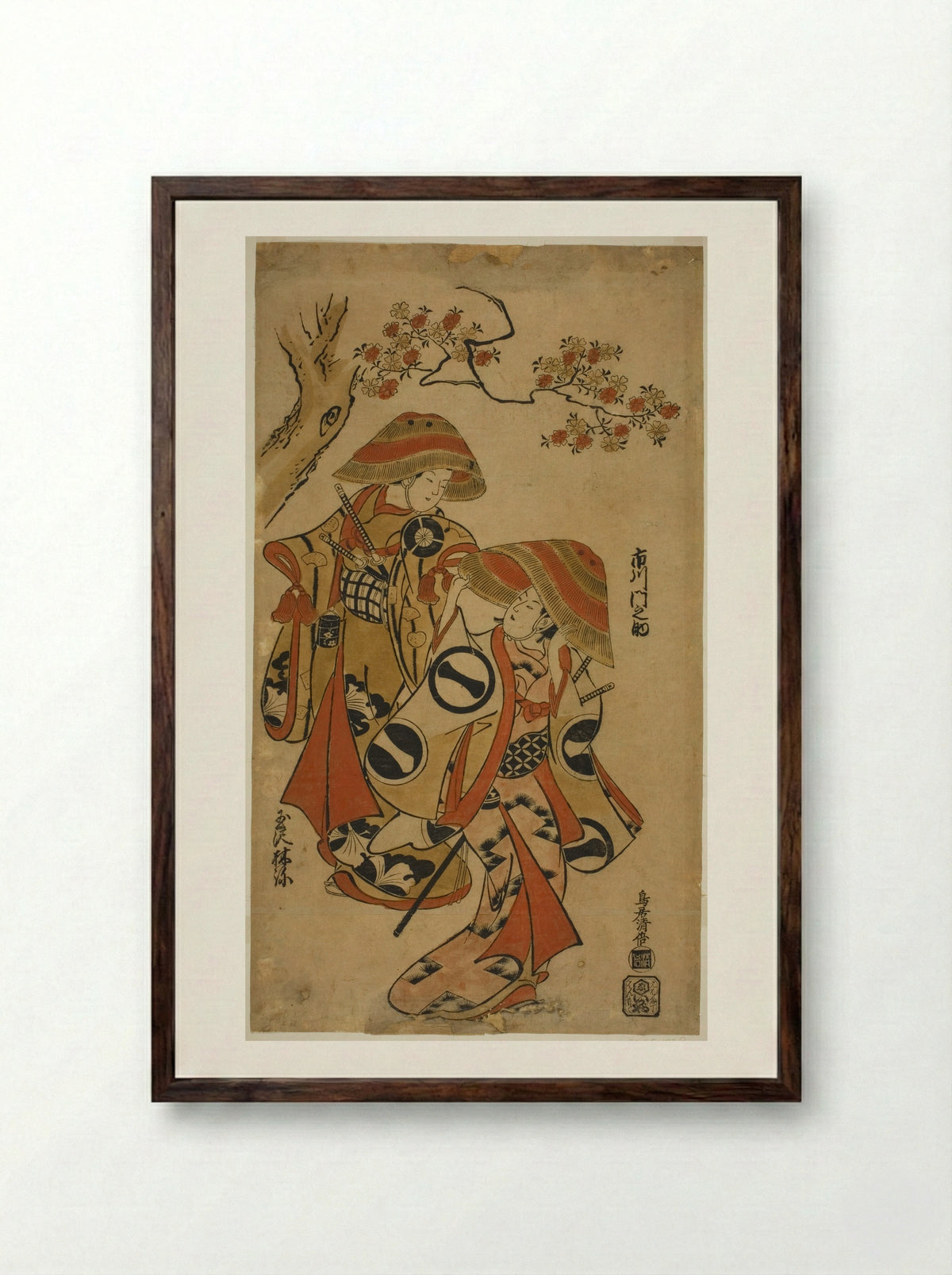 The Actors Ichikawa Monnosuke I and Tamazawa Rinya - Torii Kiyomasu I - Framed Print Dark Wood