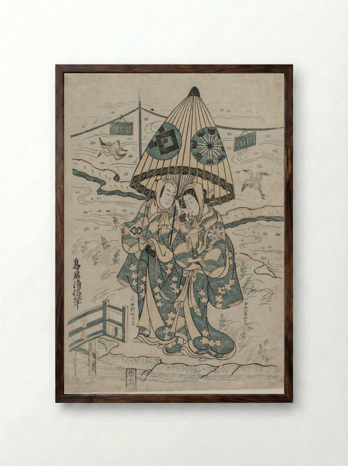 The Actors Ichimura Kamezo I and Takinaka Hidematsu I - Torii Kiyonobu II - Framed Print Dark Wood