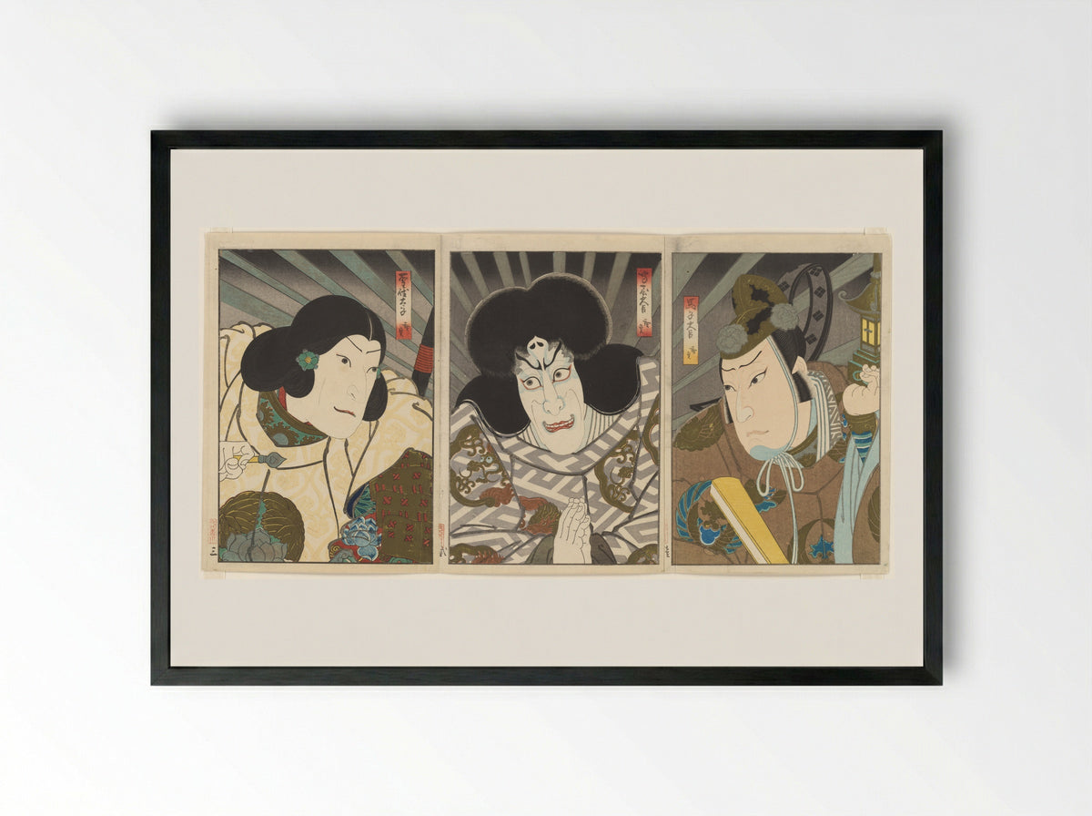 The Actors Mimasu Daigorō IV, Ichikawa Ebizō V, and Jitsukawa Ensaburō - Gosōtei Hirosada - Framed Print Black