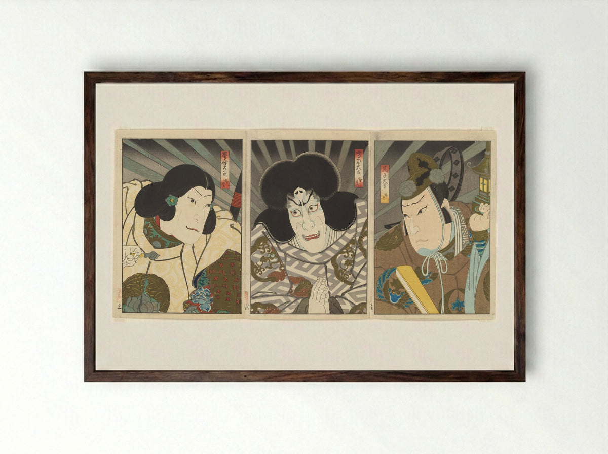 The Actors Mimasu Daigorō IV, Ichikawa Ebizō V, and Jitsukawa Ensaburō - Gosōtei Hirosada - Framed Print Dark Wood