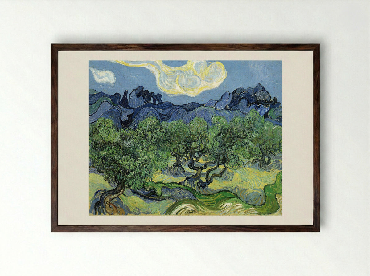 The Alpilles with Olive Trees in the Foreground - Vincent van Gogh - Framed Print Dark Wood