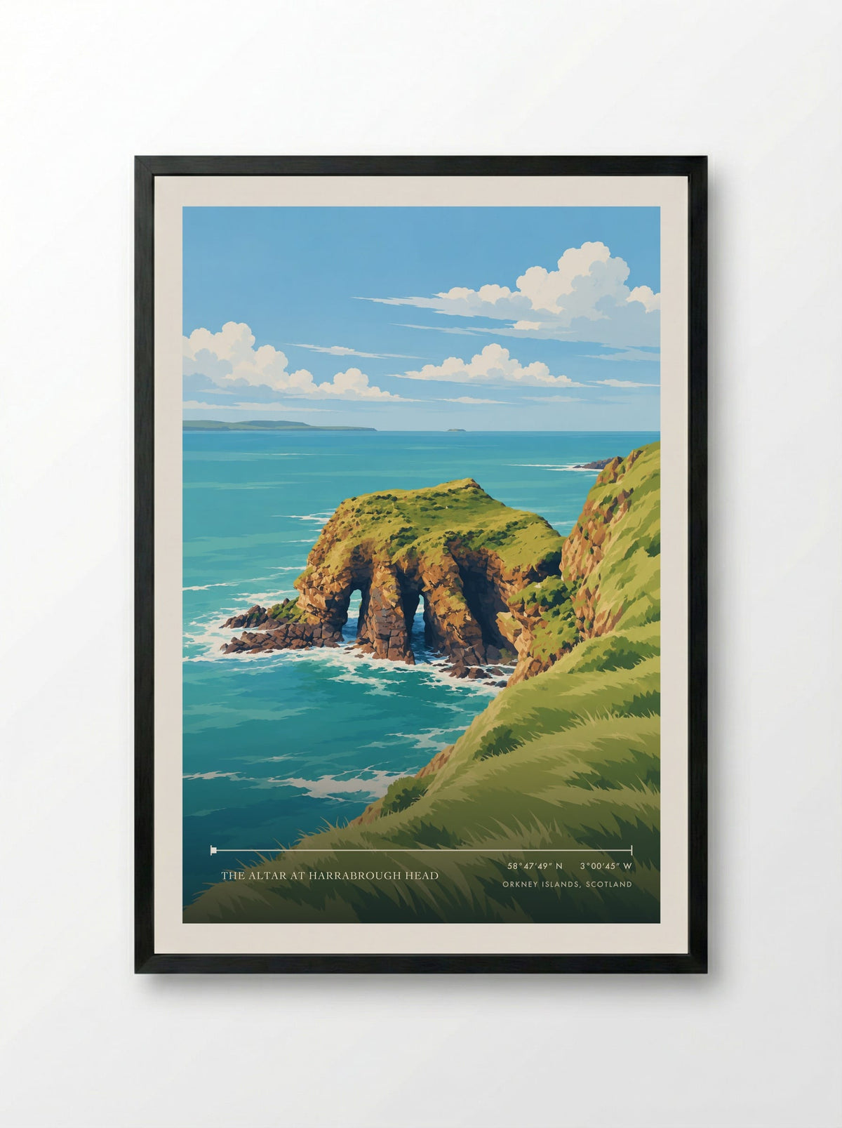 The Altar at Harrabrough Head, Orkney Islands, Scotland | Travel Poster - Framed Print Black