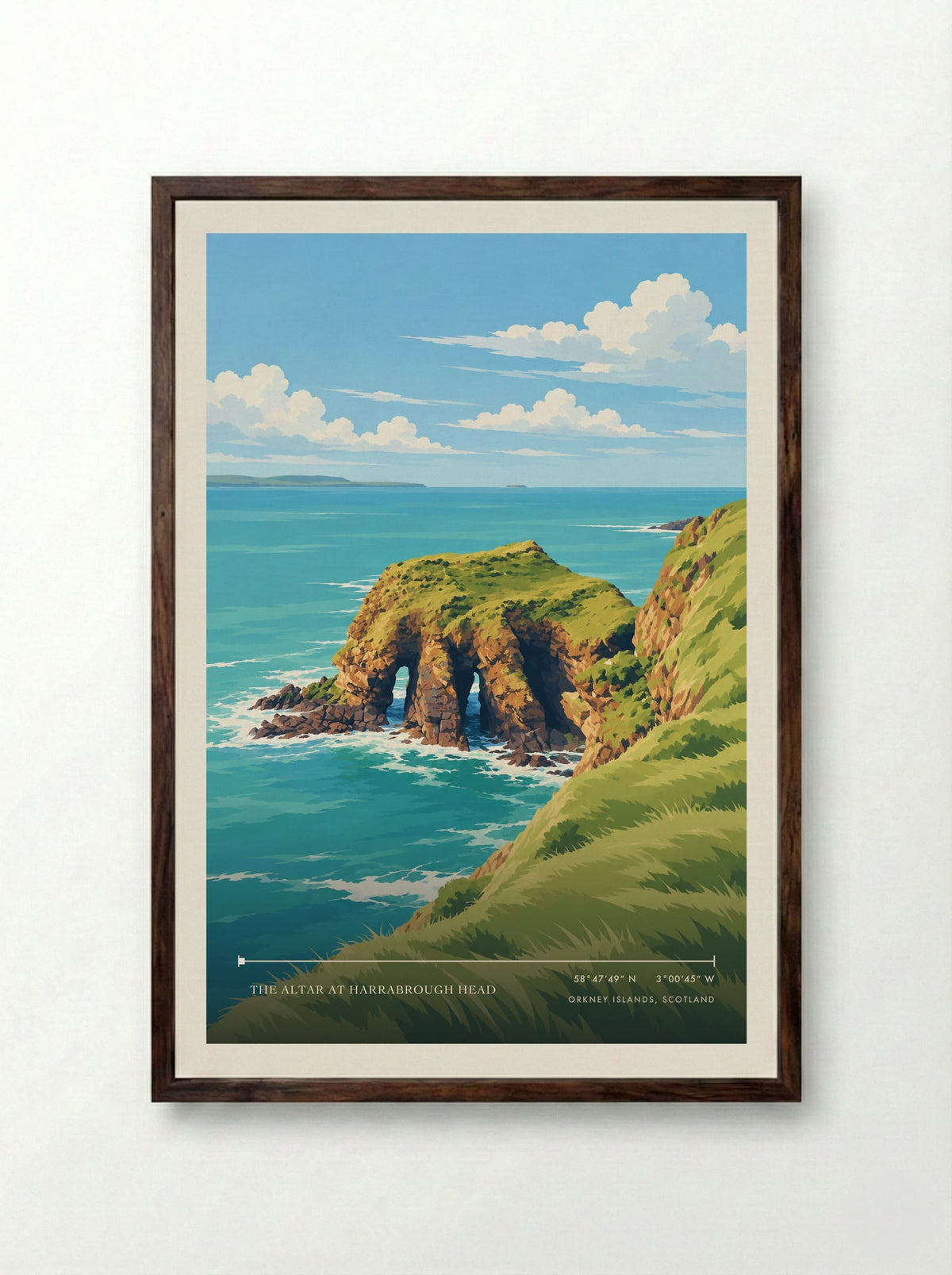 The Altar at Harrabrough Head, Orkney Islands, Scotland | Travel Poster - Framed Print Dark Wood