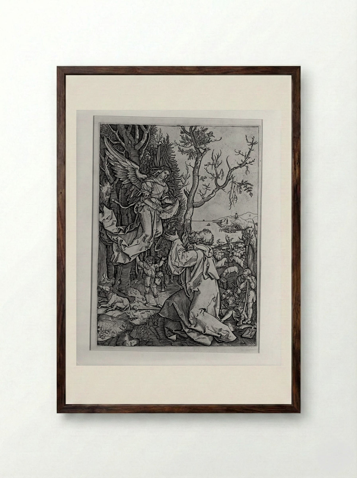 The Angel Appearing to Joachim - Marcantonio Raimondi - Framed Print Dark Wood