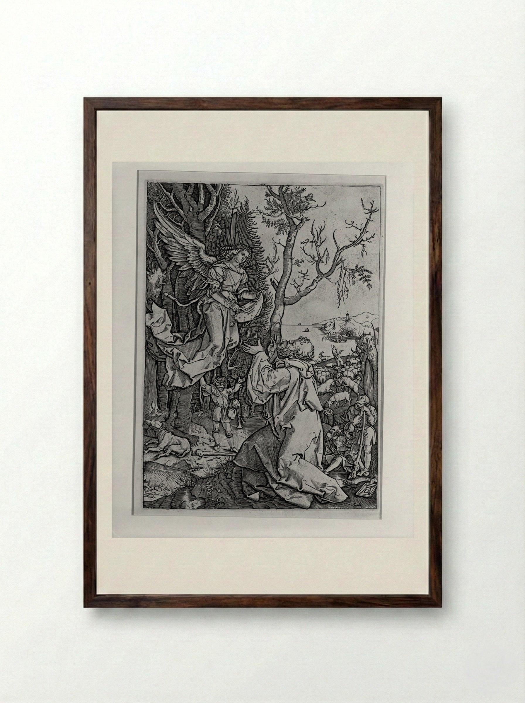 The Angel Appearing to Joachim - Marcantonio Raimondi - Framed Print Dark Wood