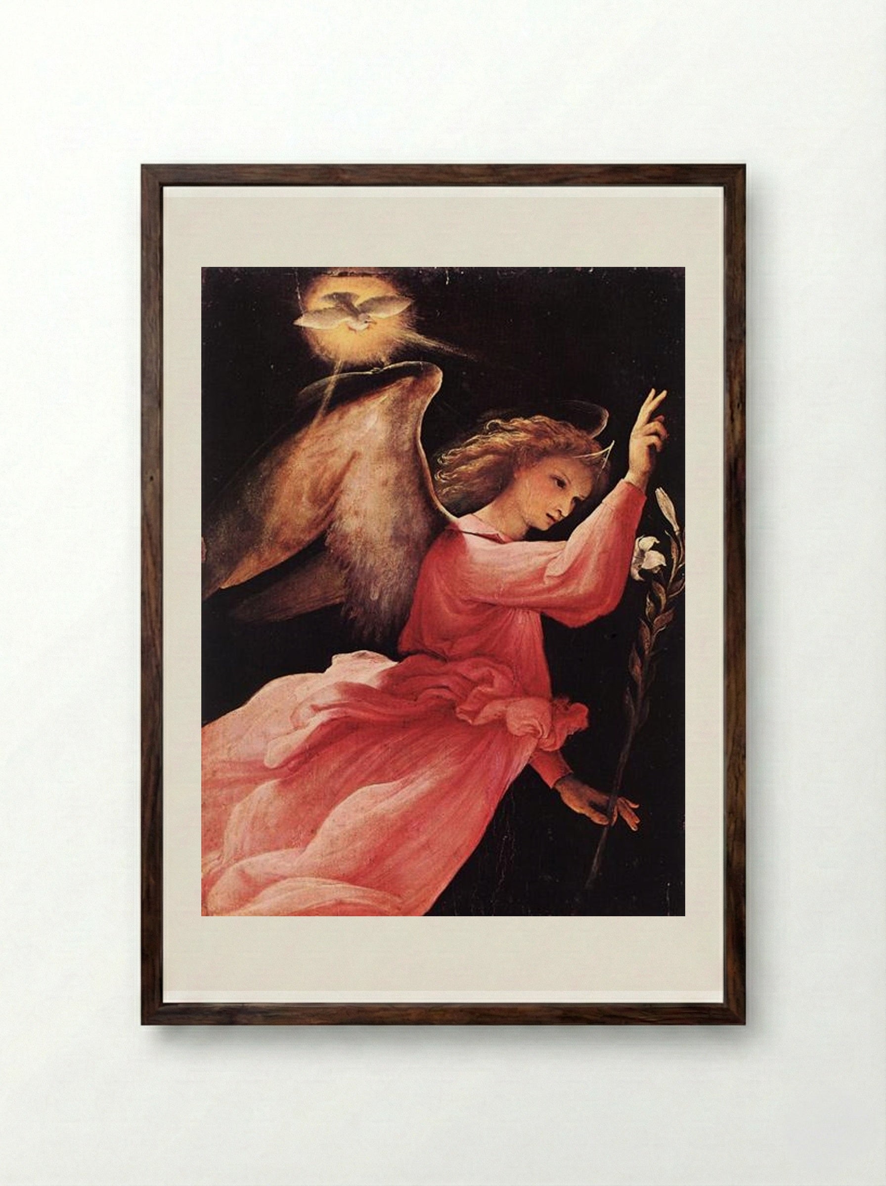 The Angel of the Annunciation - Lorenzo Lotto - Framed Print Dark Wood