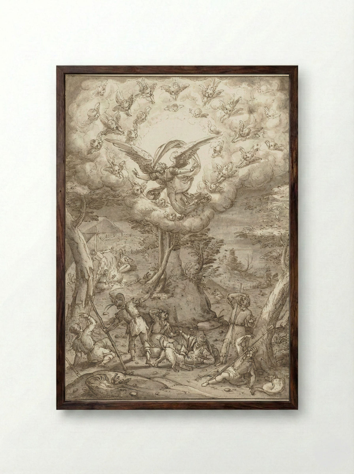 The Annunciation to the Shepherds - Peter de Witte - Framed Print Dark Wood