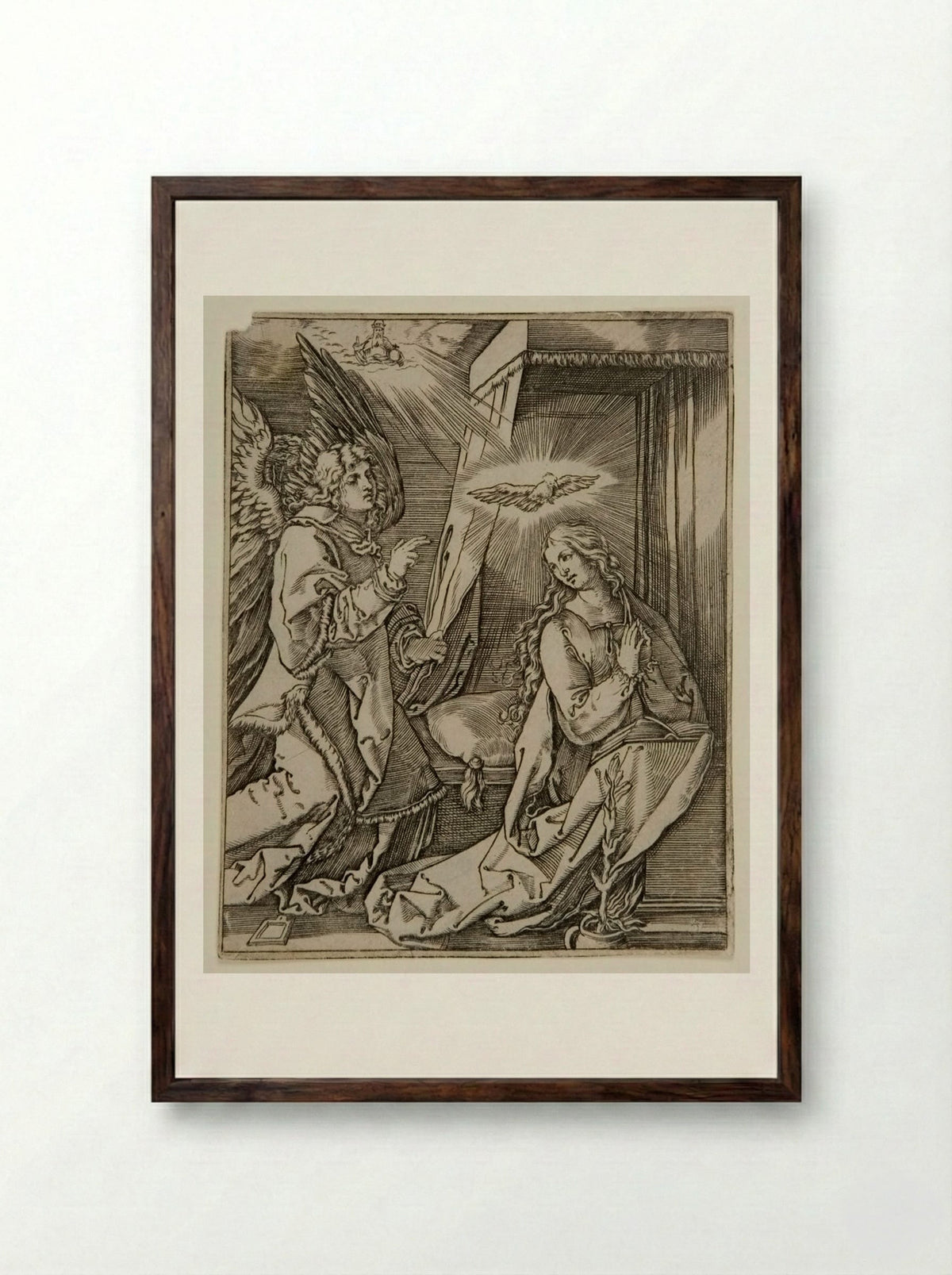 The Annunciation - Marcantonio Raimondi - Framed Print Dark Wood