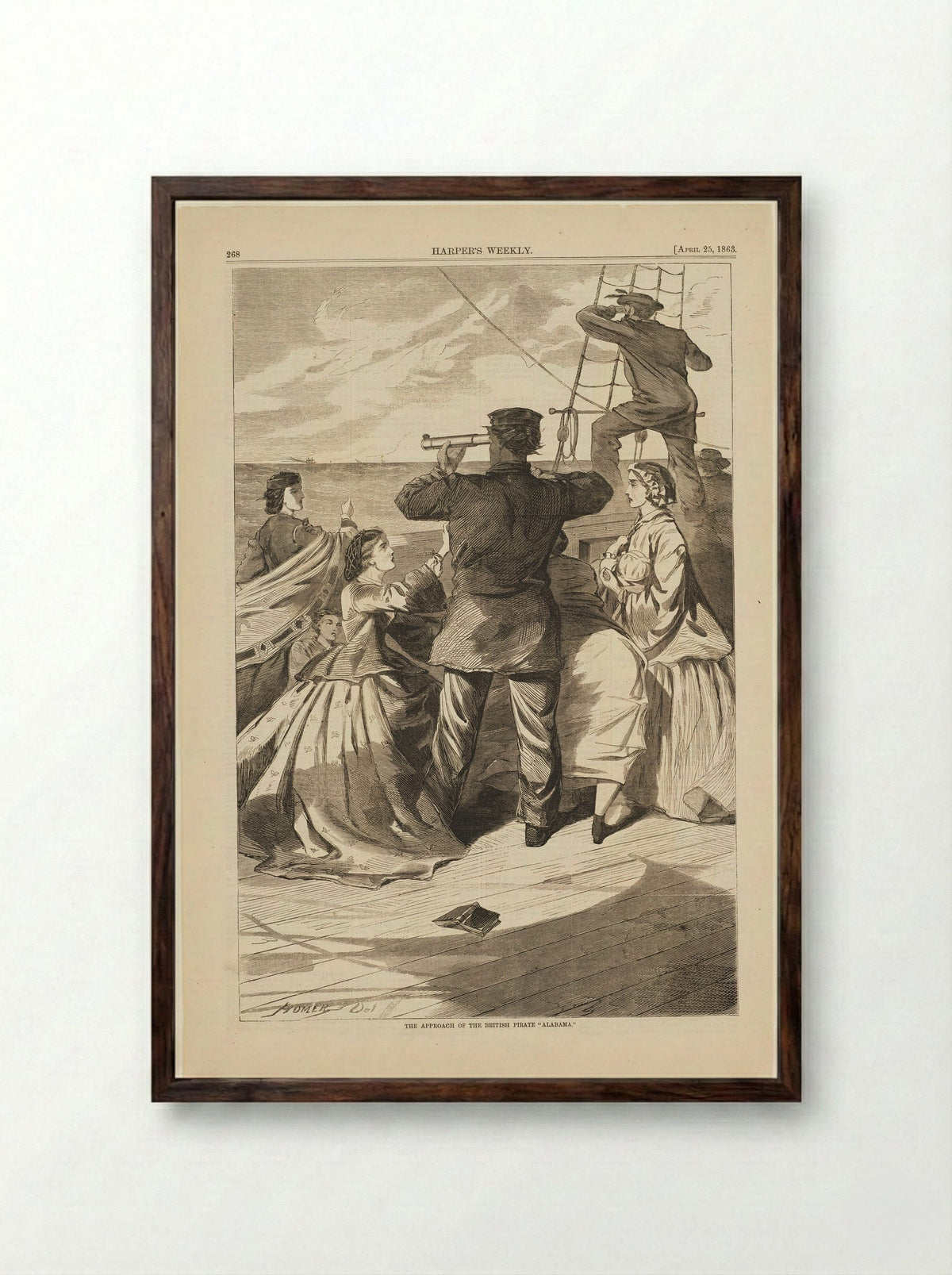 The Approach of the British Pirate Alabama - Winslow Homer - Framed Print Dark Wood