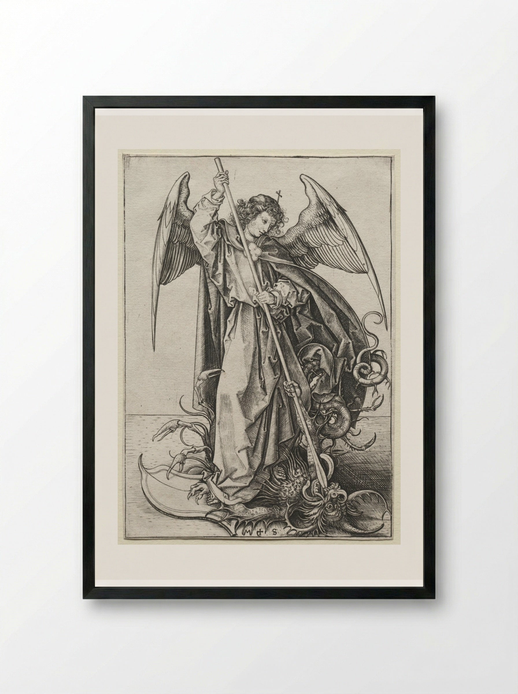The Archangel Michael Piercing the Dragon - Martin Schongauer - Framed Print Black