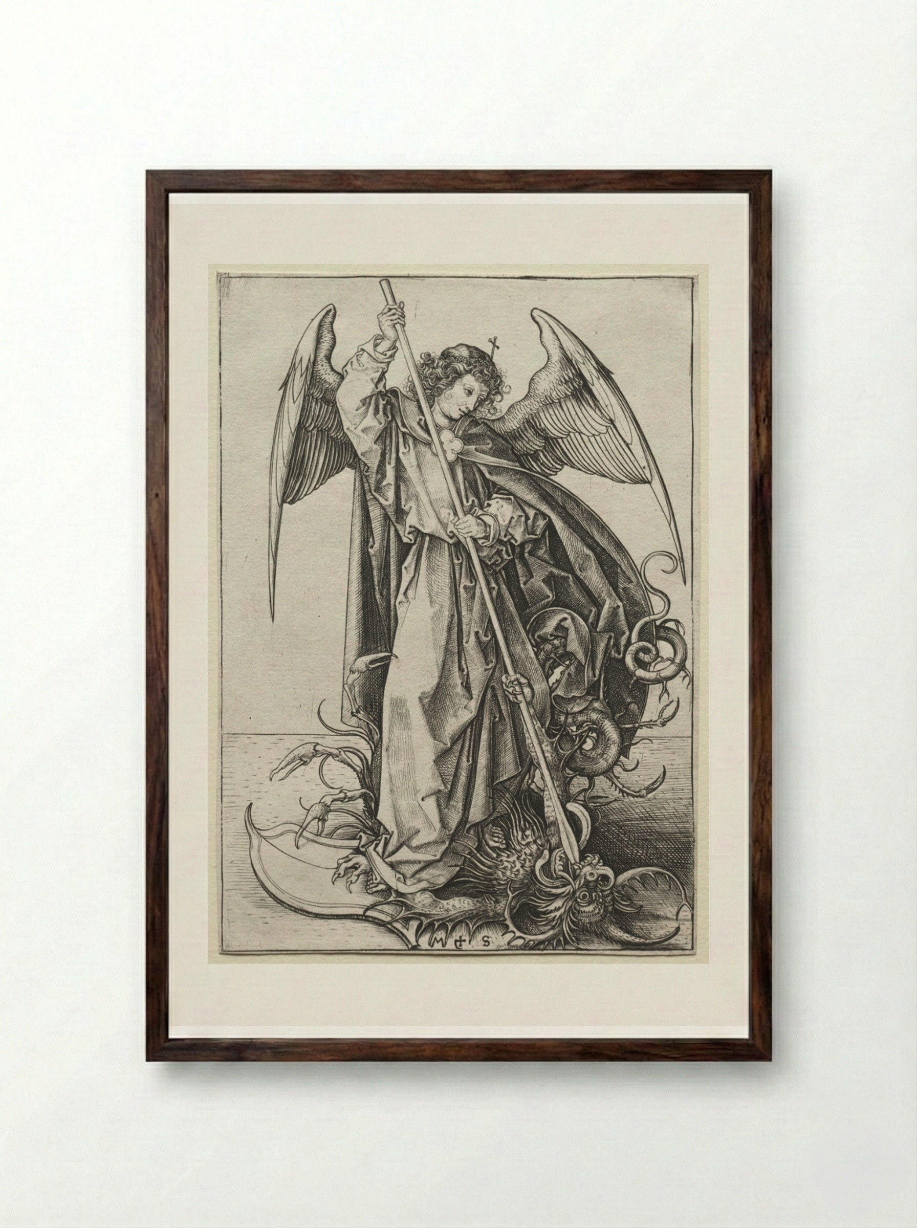 The Archangel Michael Piercing the Dragon - Martin Schongauer - Framed Print Dark Wood