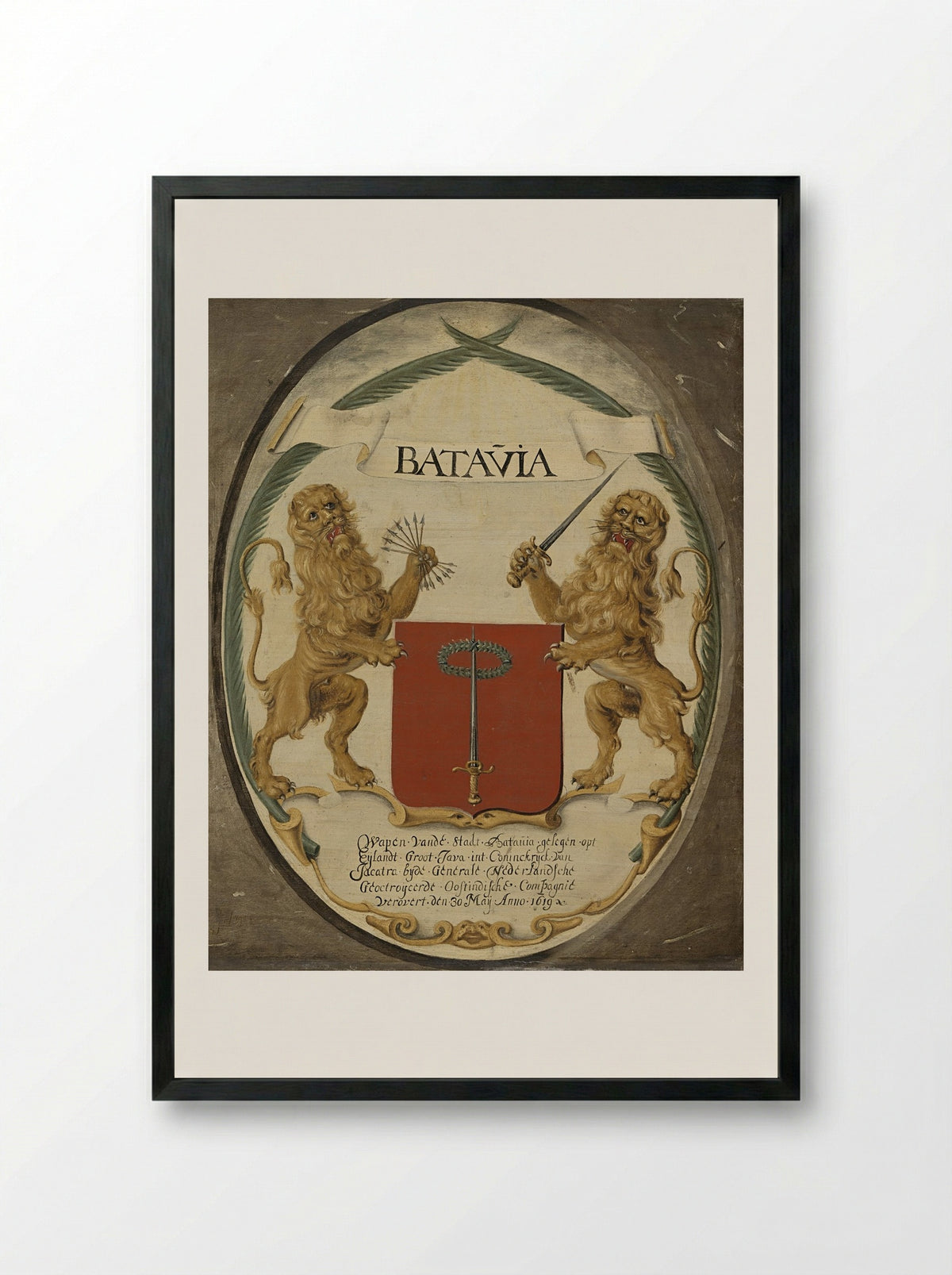 The Arms of the Dutch East India Company and of the Town of Batavia - Jeronimus Becx (II) - Framed Print Black