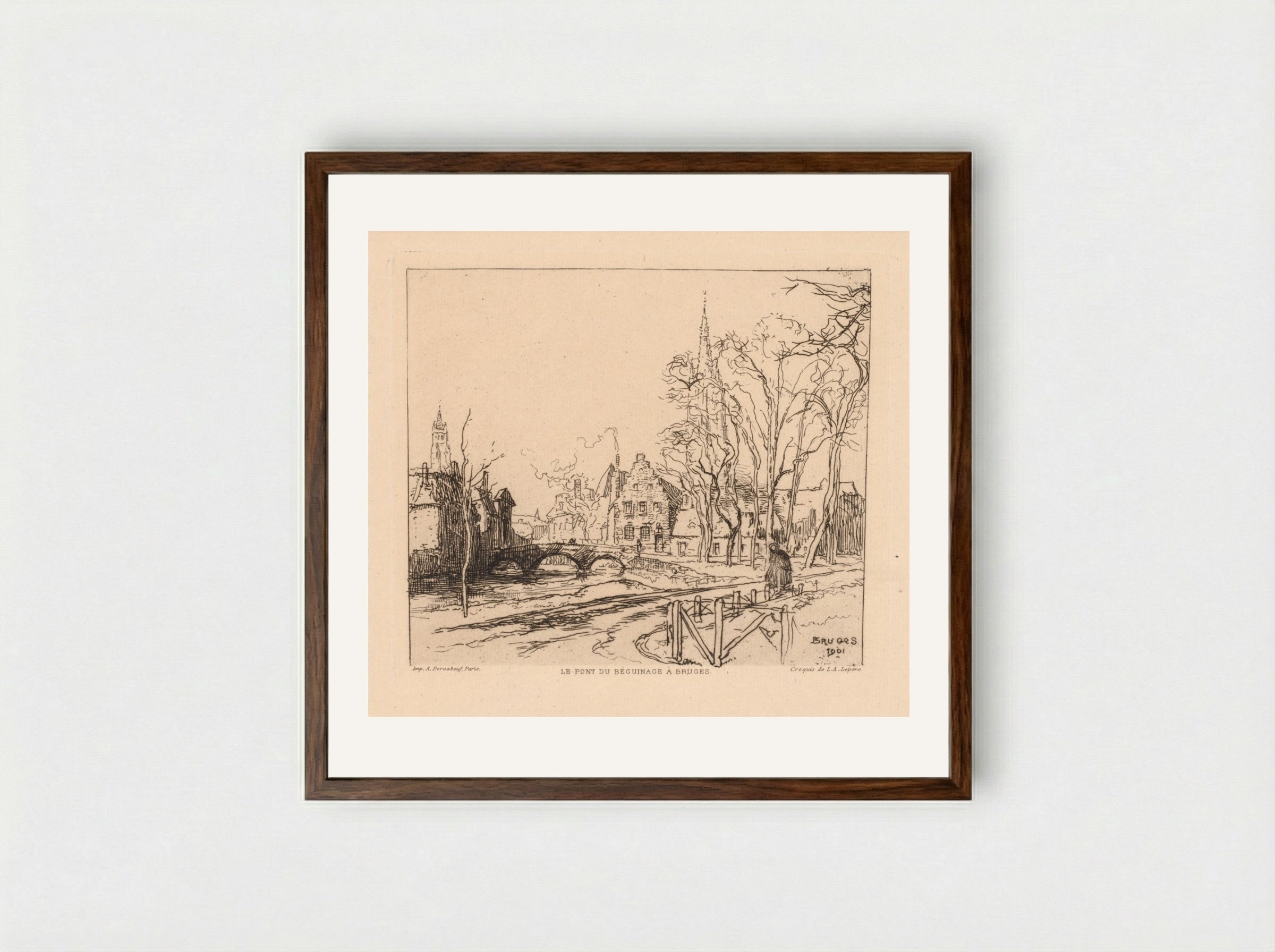 The Béguinage Bridge in Bruges - Auguste Louis Lepère - Framed Print Dark Wood