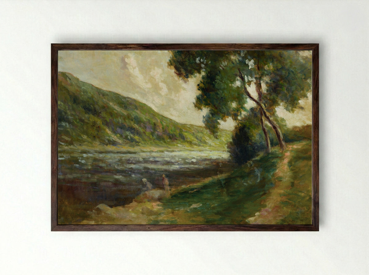 The Banks Of The Seine In The Surroundings Of Rolleboise - Maximilien Luce - Framed Print Dark Wood