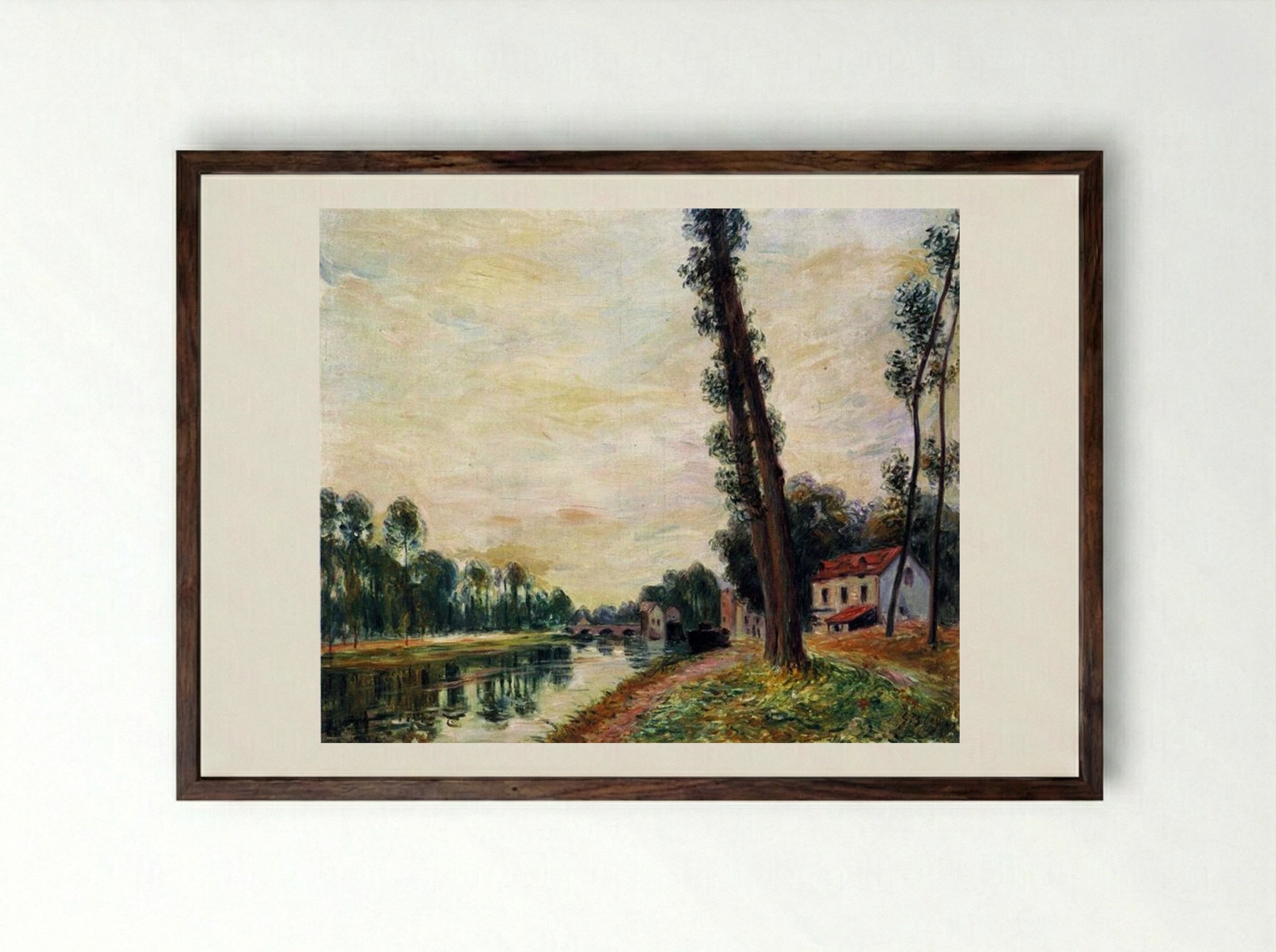 The Banks of the Loing - Alfred Sisley - Framed Print Dark Wood