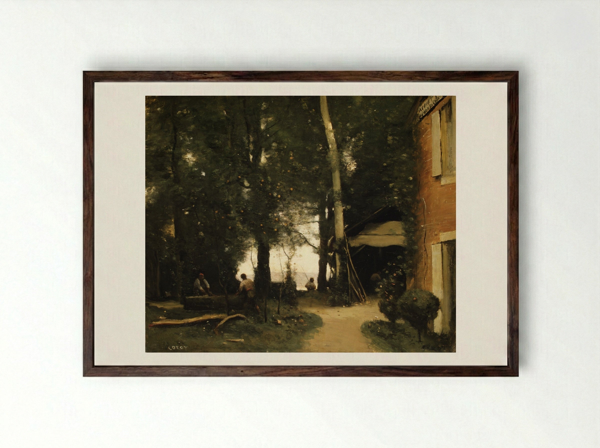 The Banks of the Seine at Conflans - Camille Corot - Framed Print Dark Wood