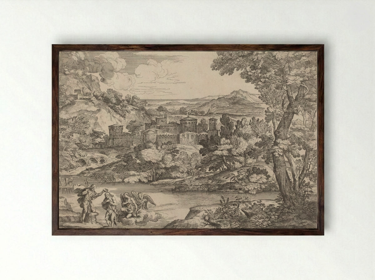 The Baptism of Christ - Giovanni Francesco Grimaldi - Framed Print Dark Wood
