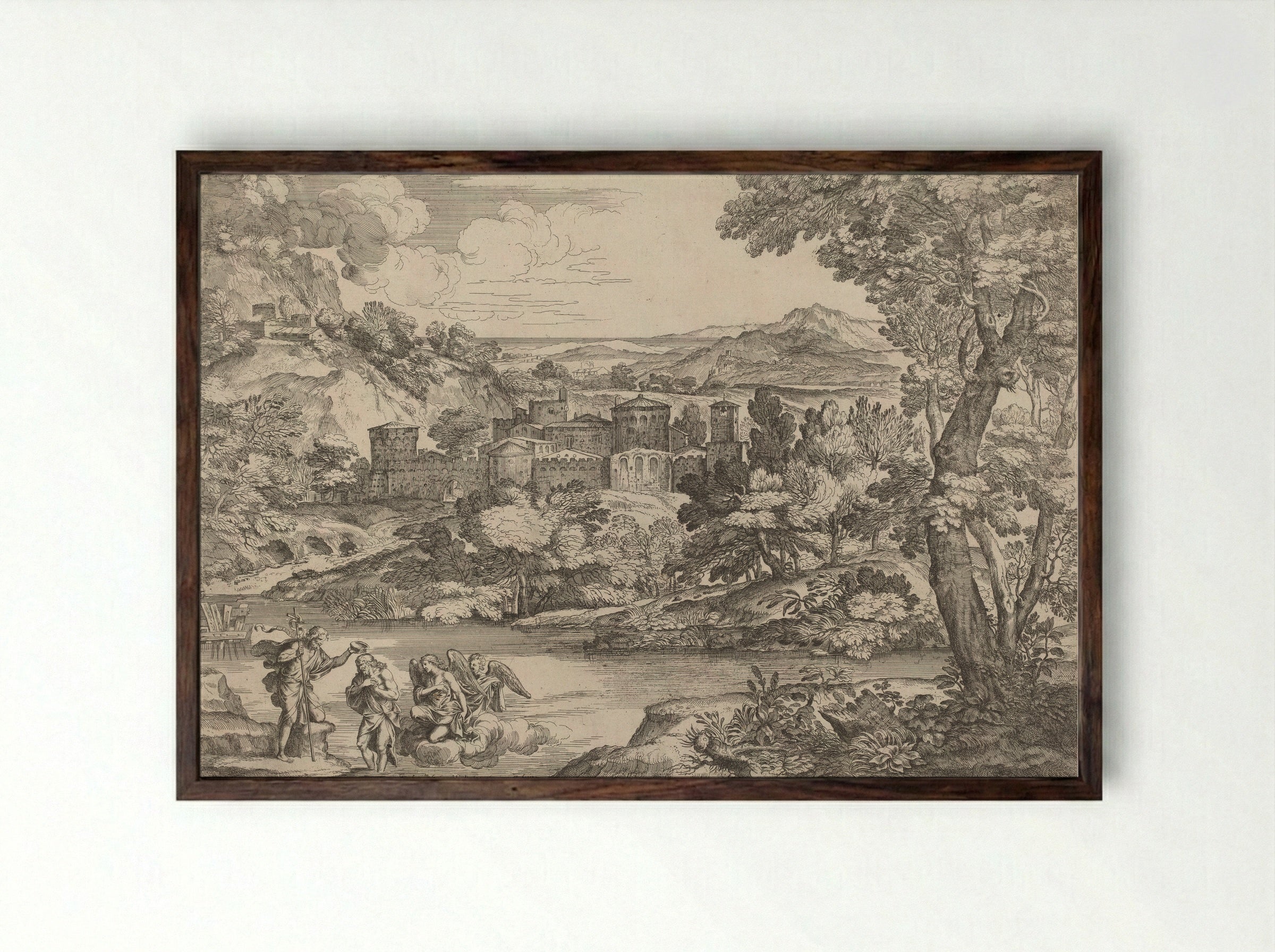The Baptism of Christ - Giovanni Francesco Grimaldi - Framed Print Dark Wood