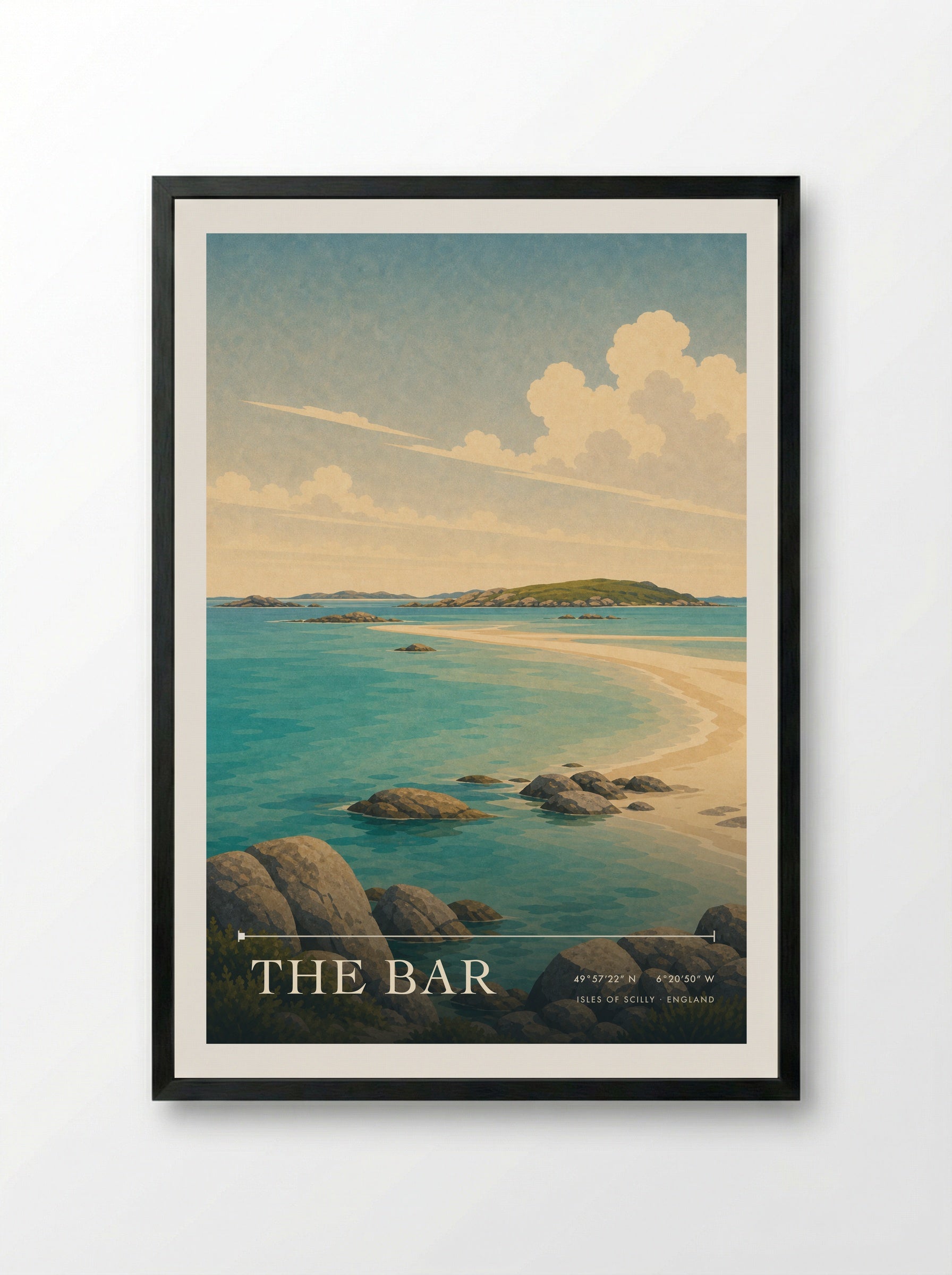 The Bar Isles of Scilly England Travel Poster - Framed Print Black