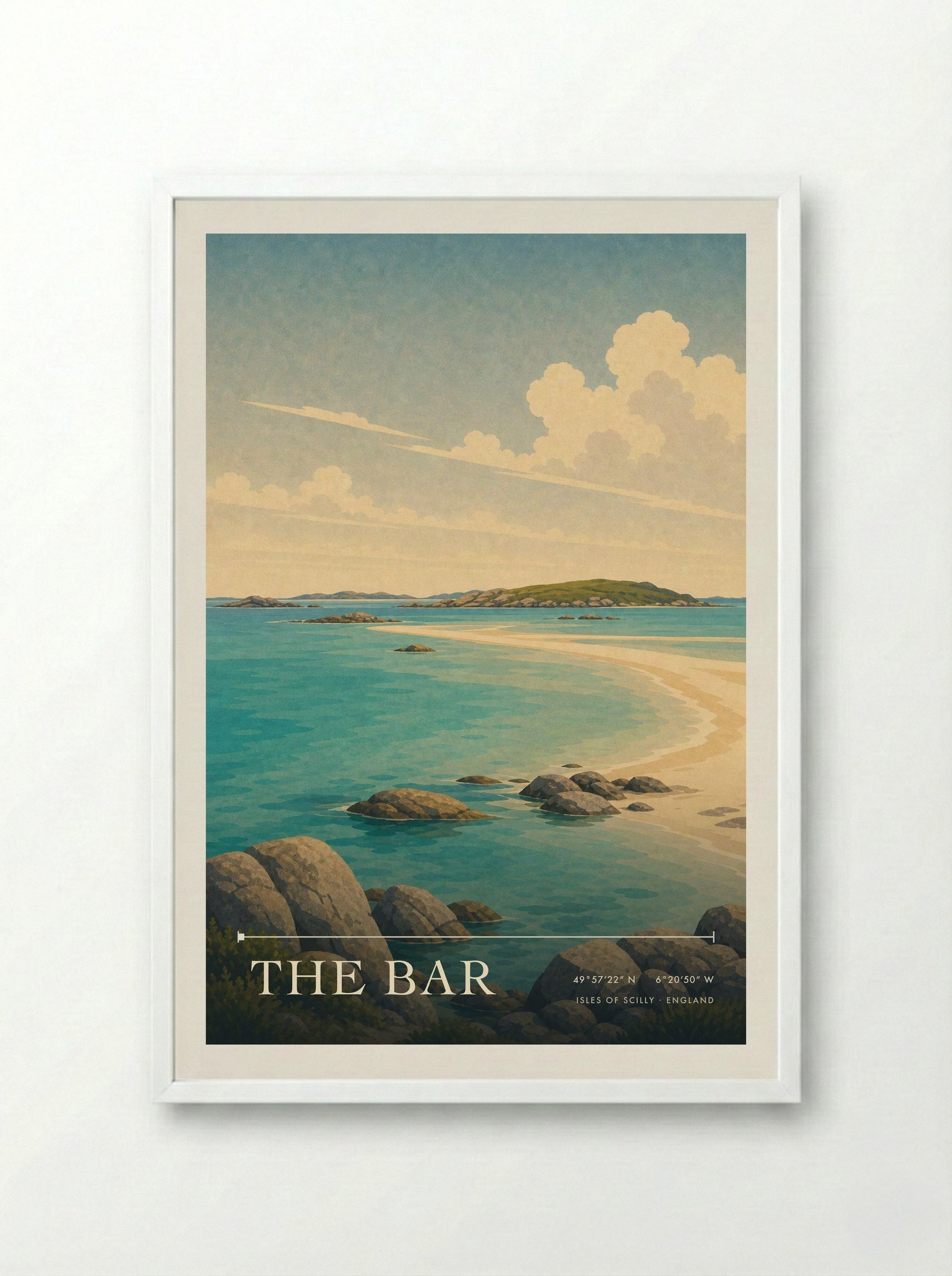 The Bar Isles of Scilly England Travel Poster - Framed Print White