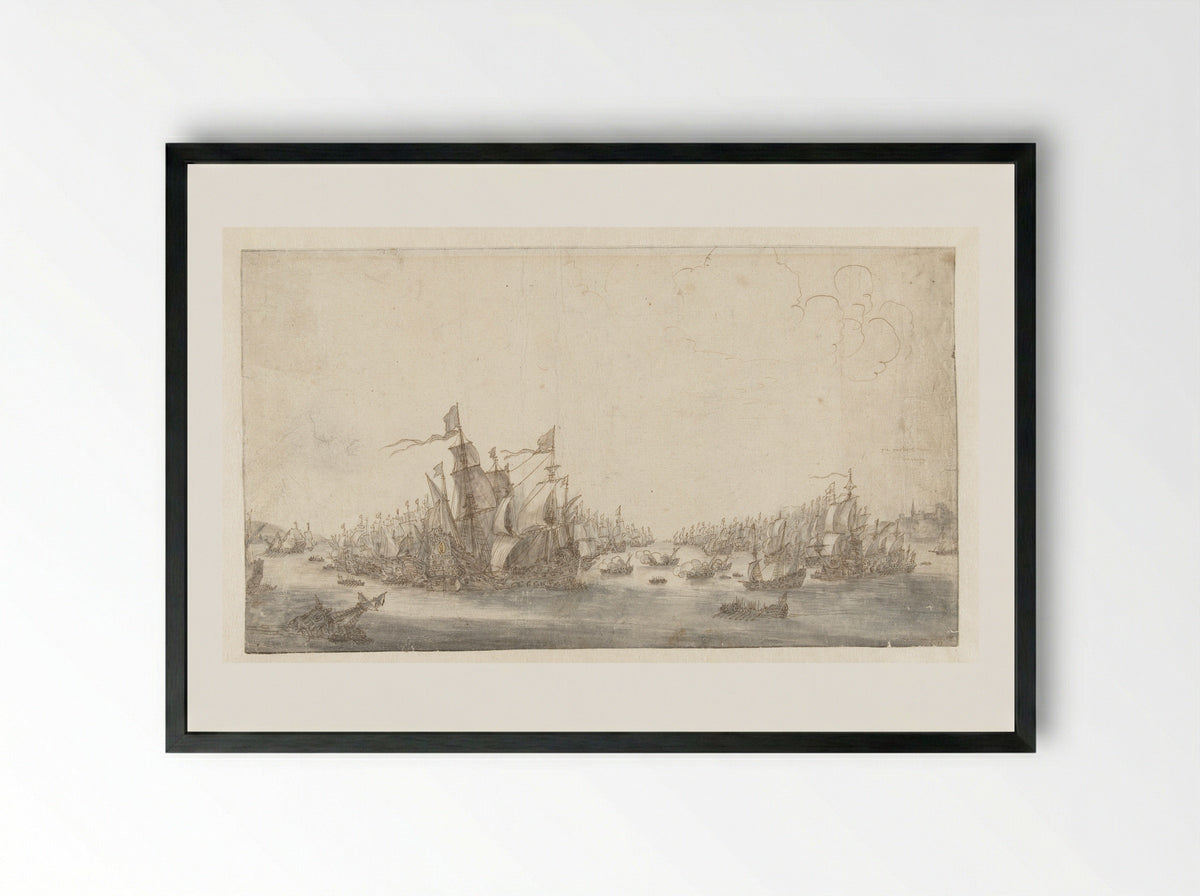 The Battle of the Downs - Abraham de Verwer - Framed Print Black