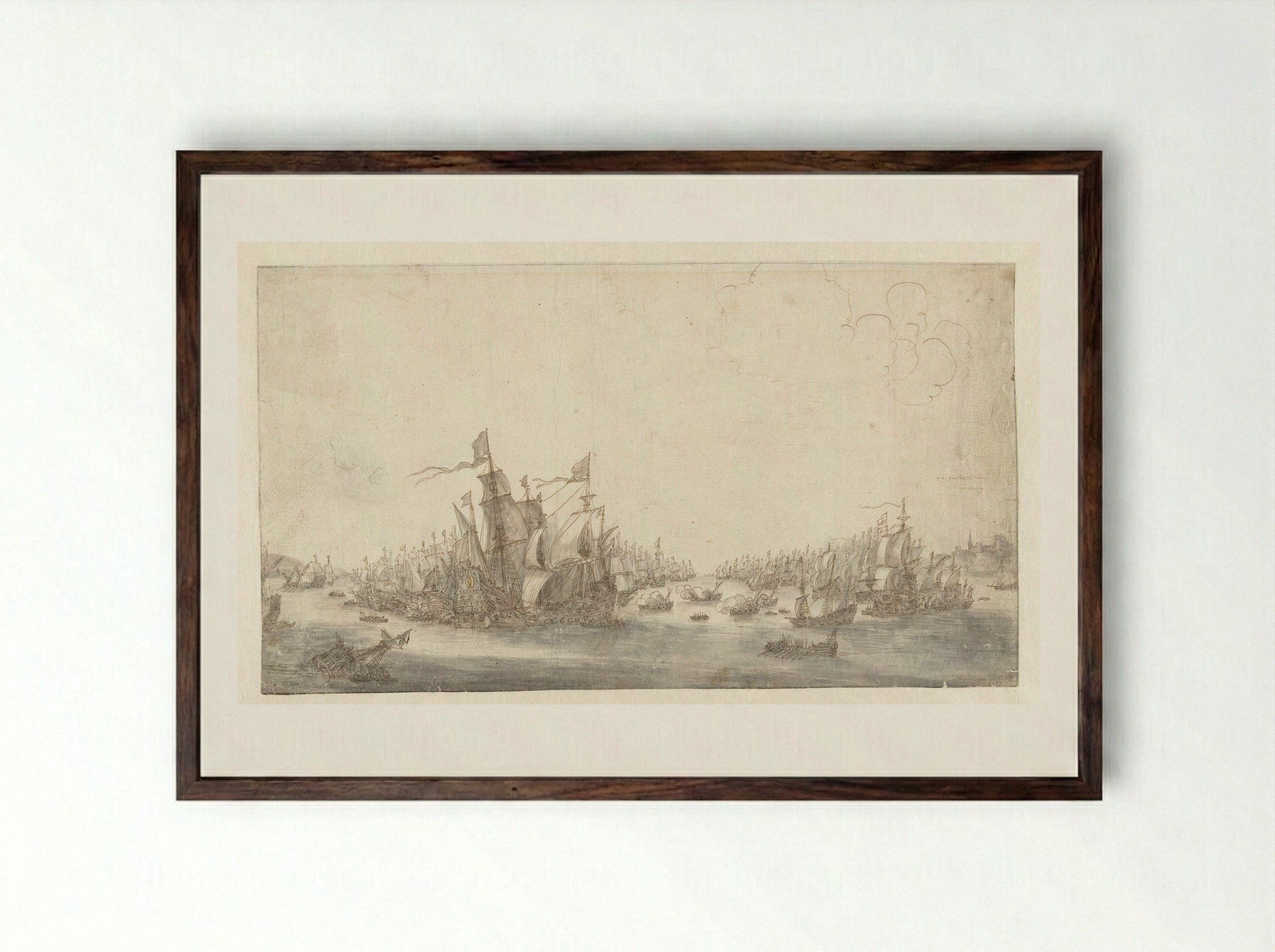 The Battle of the Downs - Abraham de Verwer - Framed Print Dark Wood