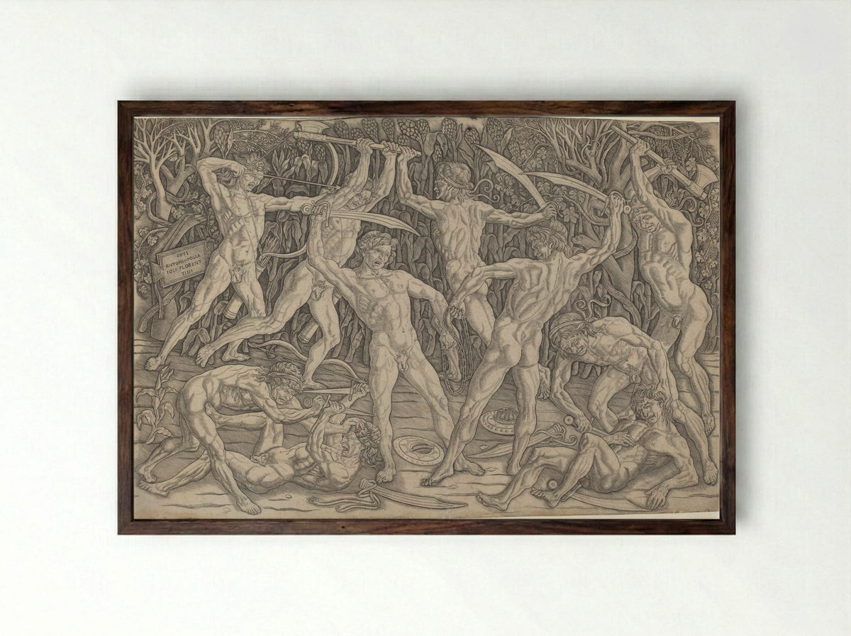 The Battle of the Nudes - Antonio Pollaiuolo - Framed Print Dark Wood