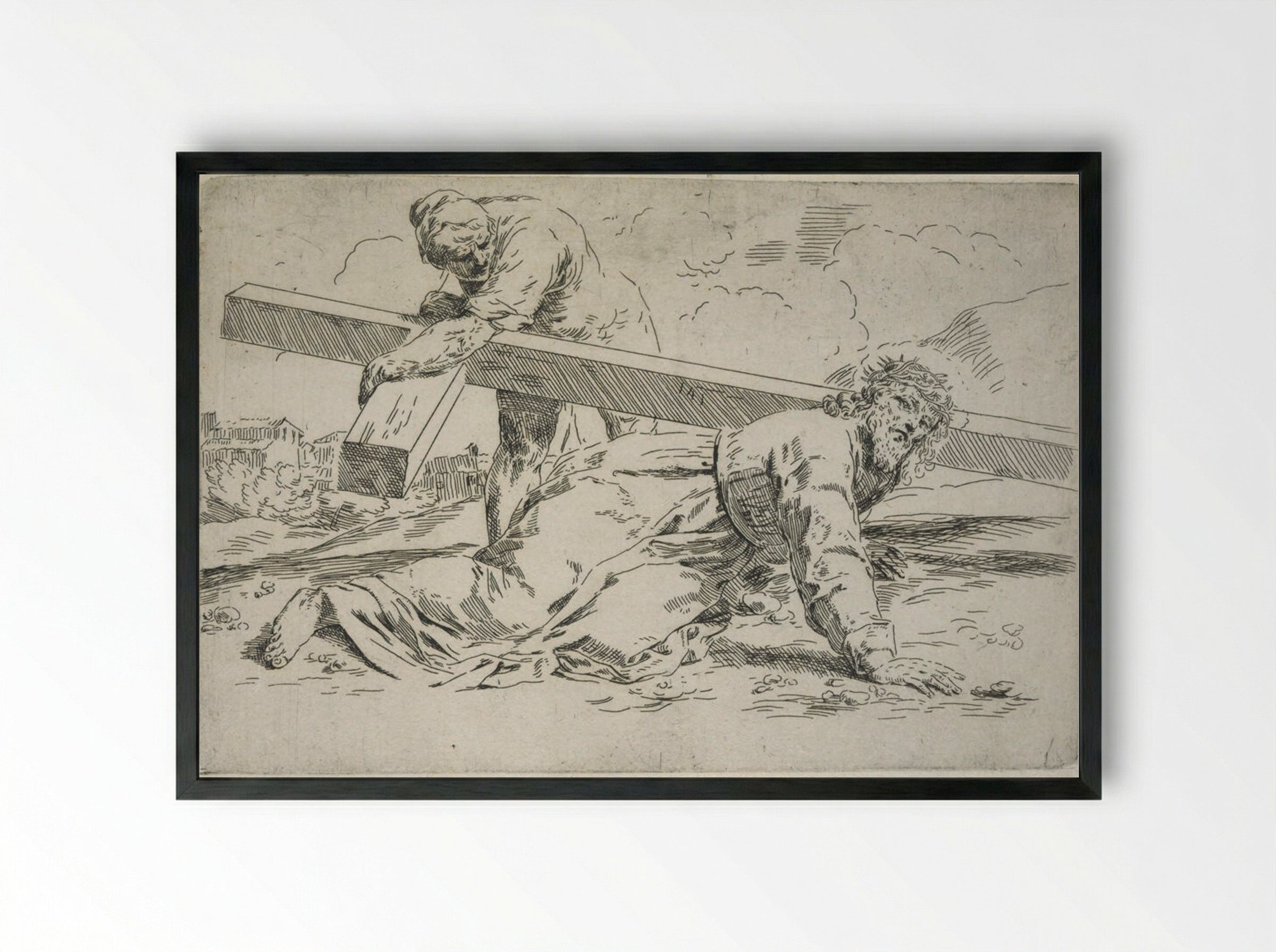 The Bearing of the Cross, Simon helps lift the Cross - Simone Cantarini - Framed Print Black