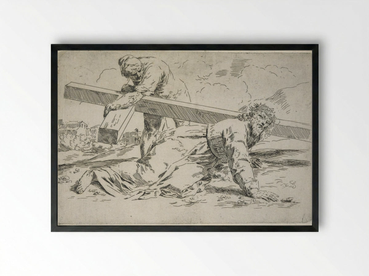 The Bearing of the Cross, Simon helps lift the Cross - Simone Cantarini - Framed Print Black