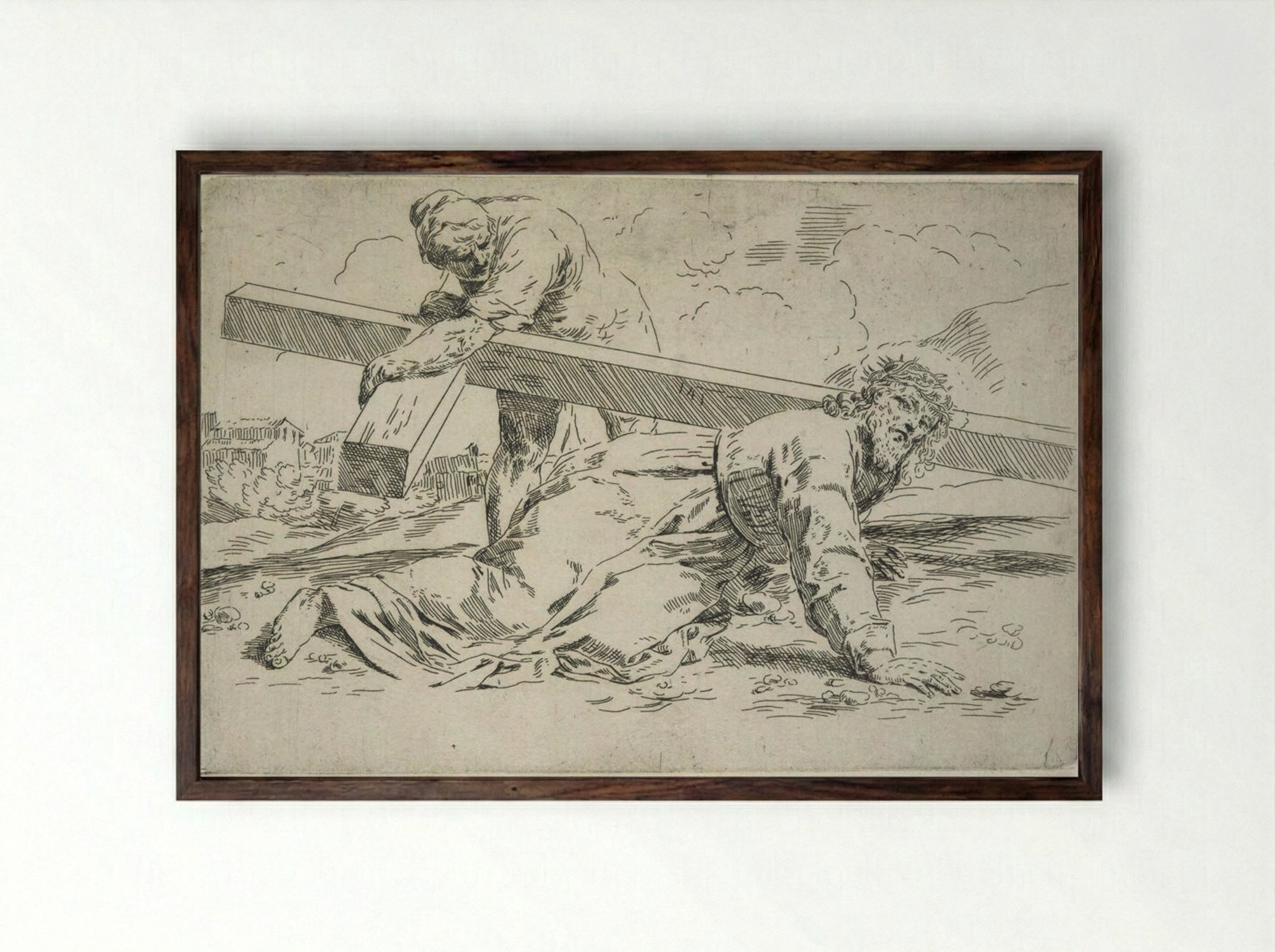 The Bearing of the Cross, Simon helps lift the Cross - Simone Cantarini - Framed Print Dark Wood