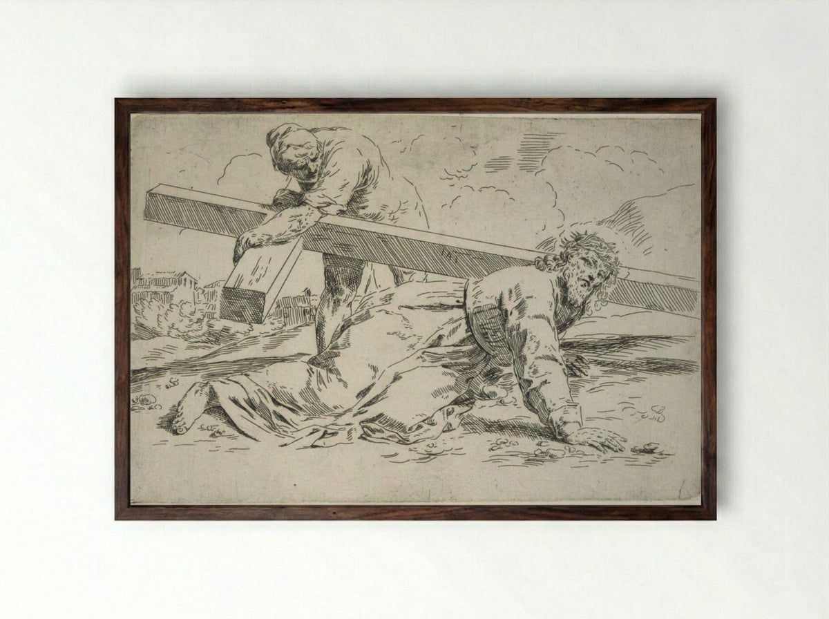 The Bearing of the Cross, Simon helps lift the Cross - Simone Cantarini - Framed Print Dark Wood