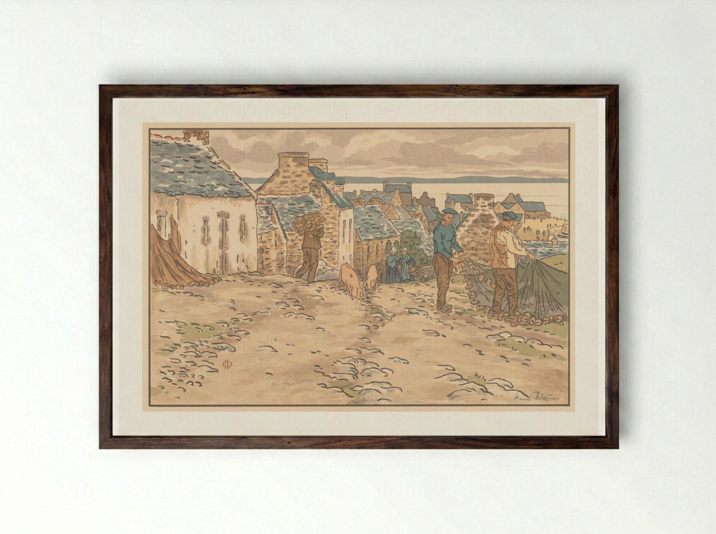 The Beautiful Countryside in Brittany: Street in Tréboul - Henri Rivière - Framed Print Dark Wood