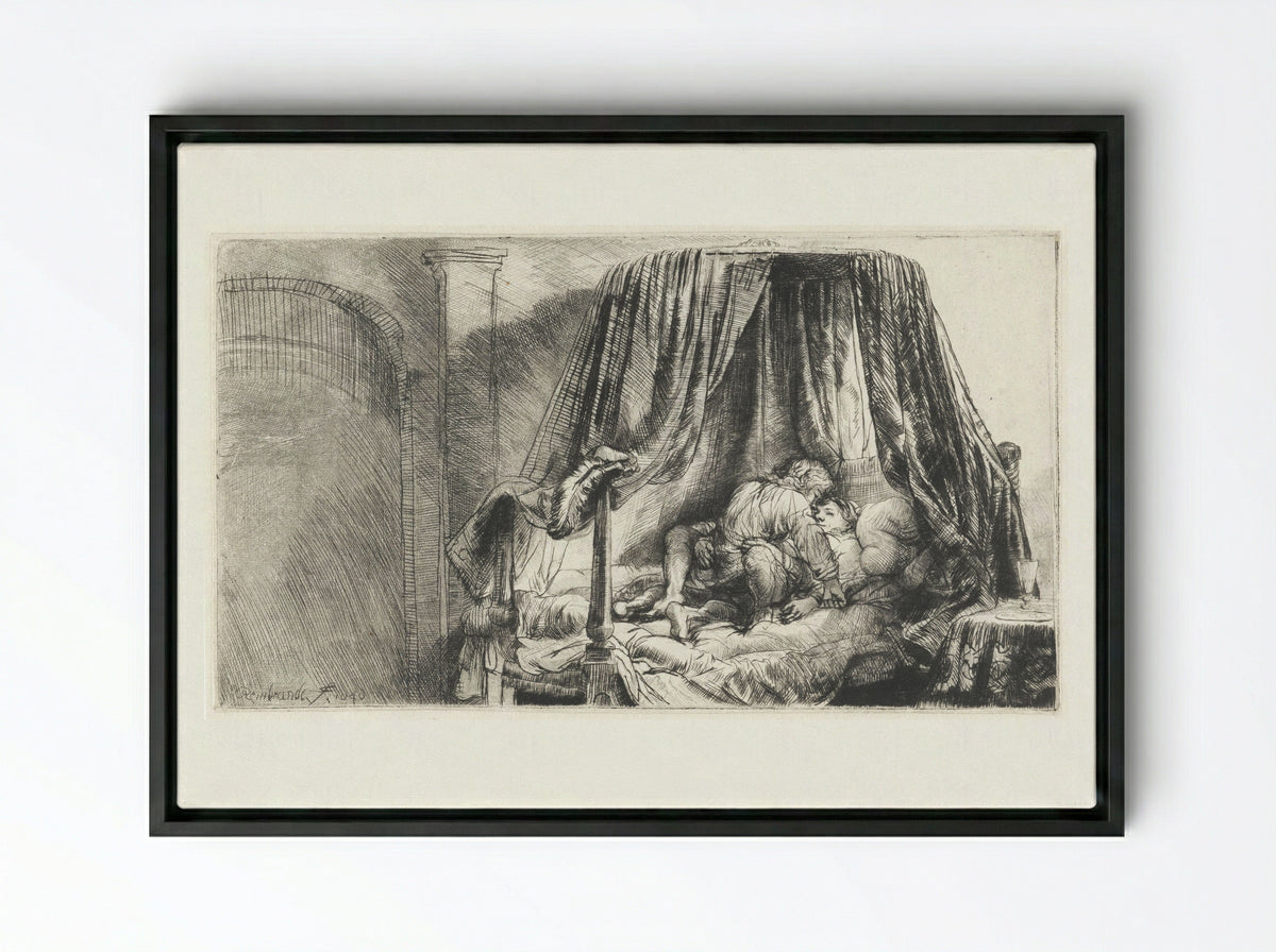 The Bedstead - Rembrandt van Rijn - Framed Canvas Black